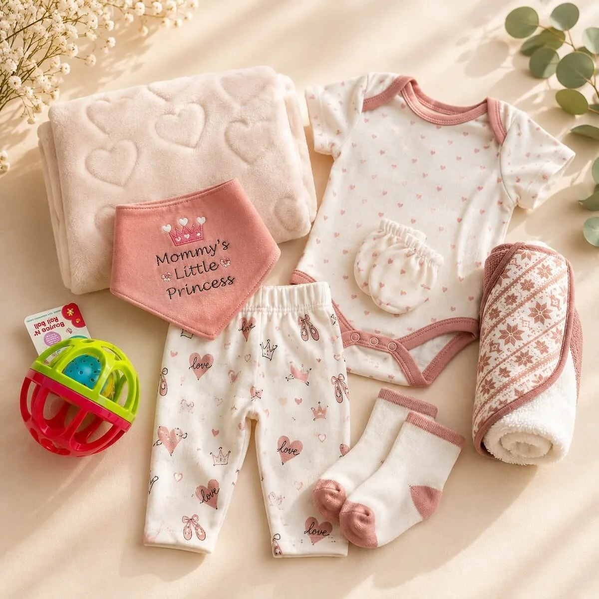 Clothing, blanket, hooded towel and roll toy included in the blush baby hamper.