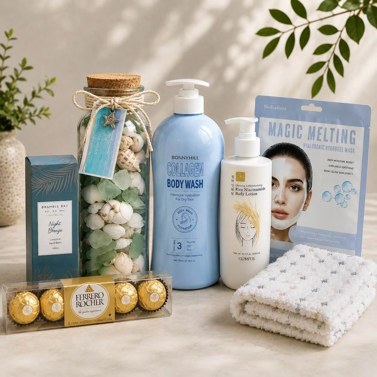 Pamper gift hamper products with skincare, body wash, face mask, face cloth and Ferrero Rocher chocolates