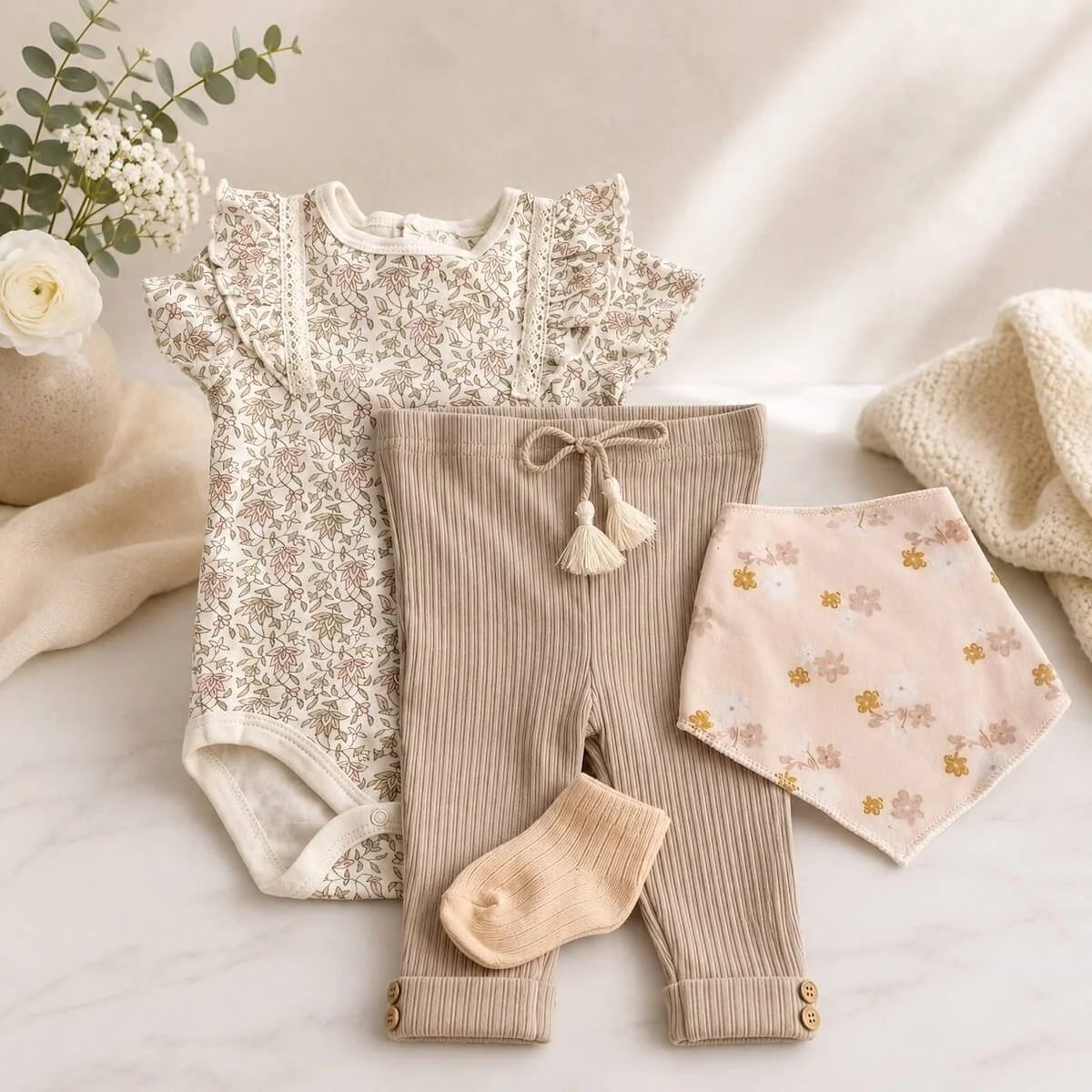 Baby gifrls clothing set with pant, legless body suit and socks with a bib.