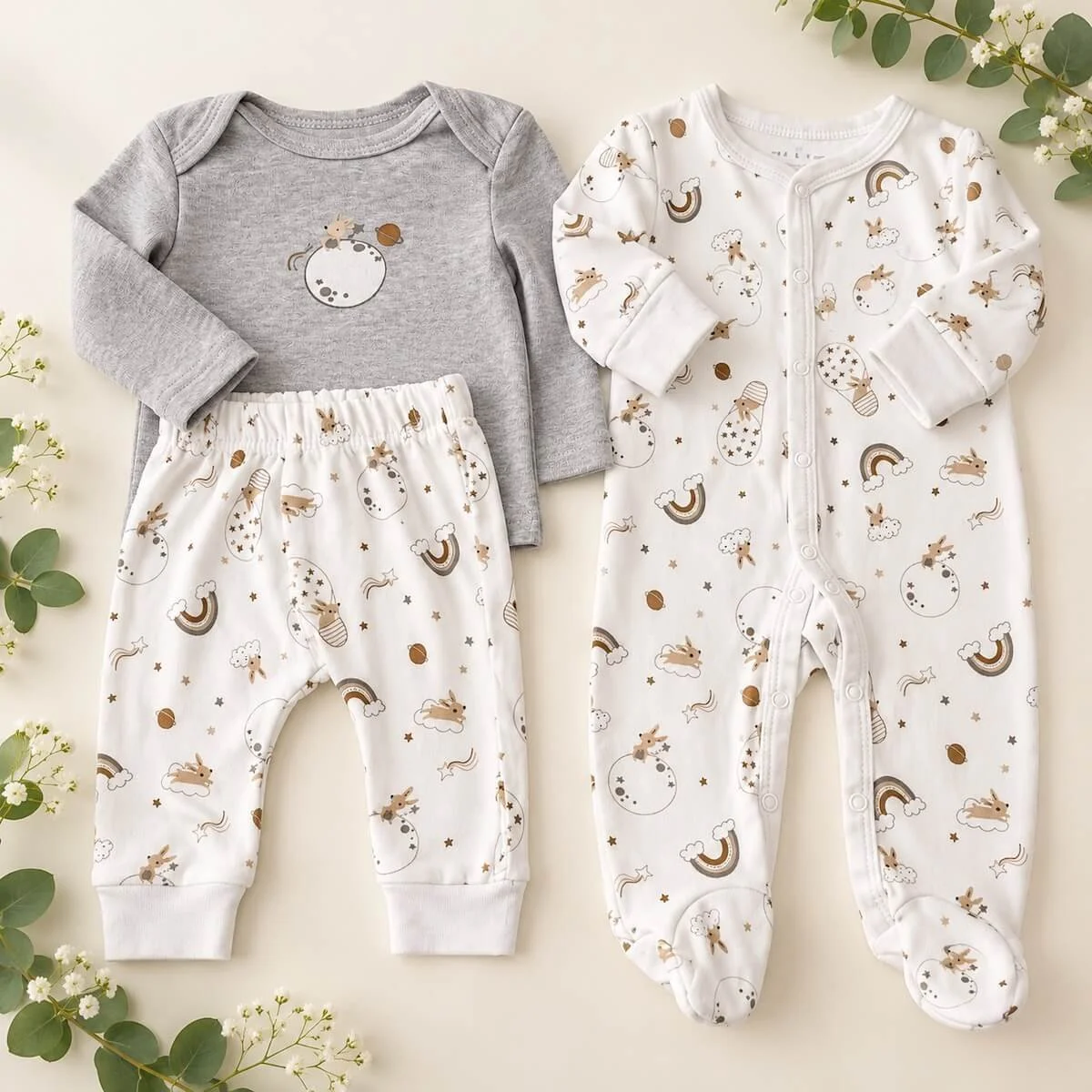 Grey baby long-sleeve top, matching patterned pants and footed sleepsuit with bunny, moon and rainbow designs.