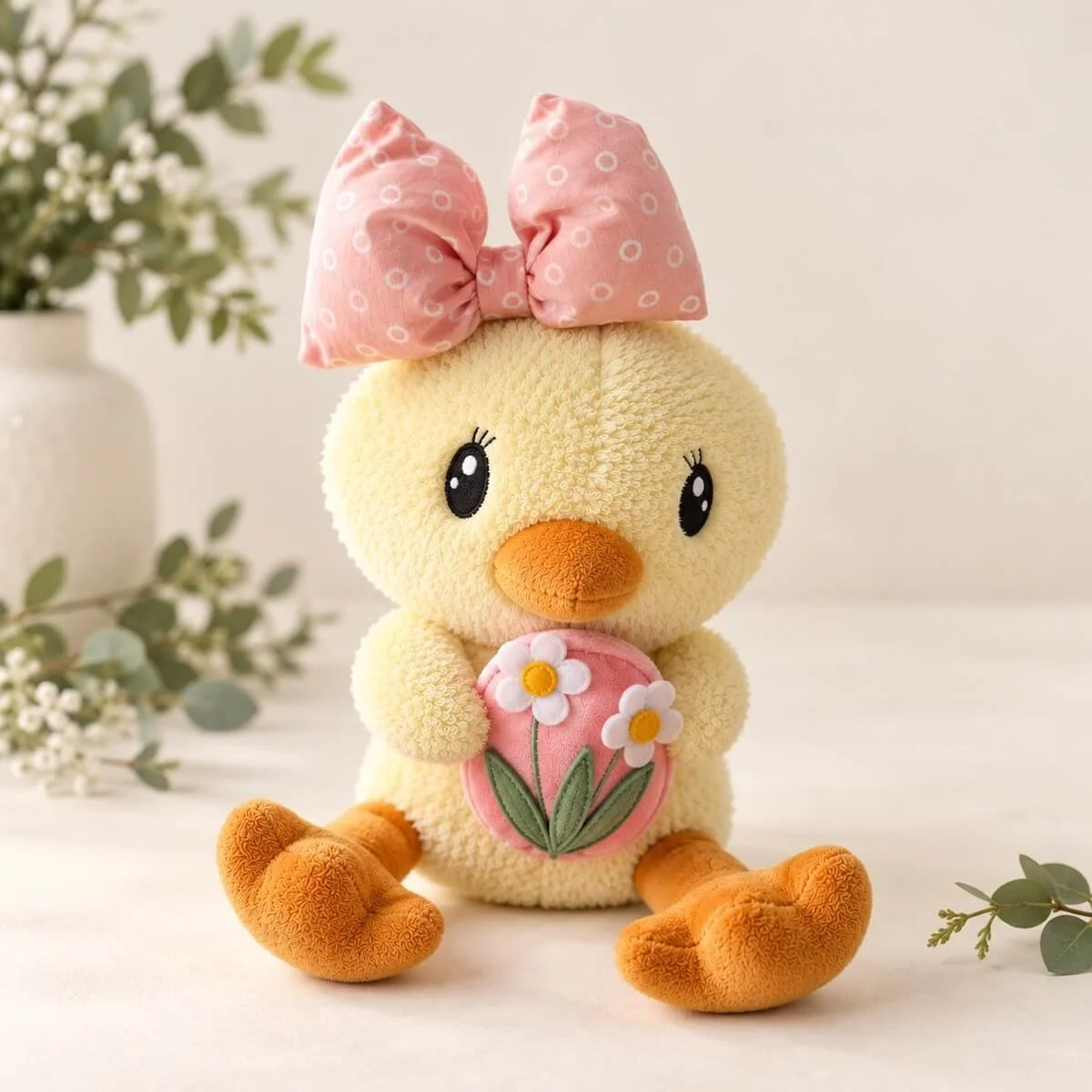 Daisy decorative yellow plush chick, 30 cm sitting height, with pink polka-dot bow and floral Easter egg on a cream background with greenery