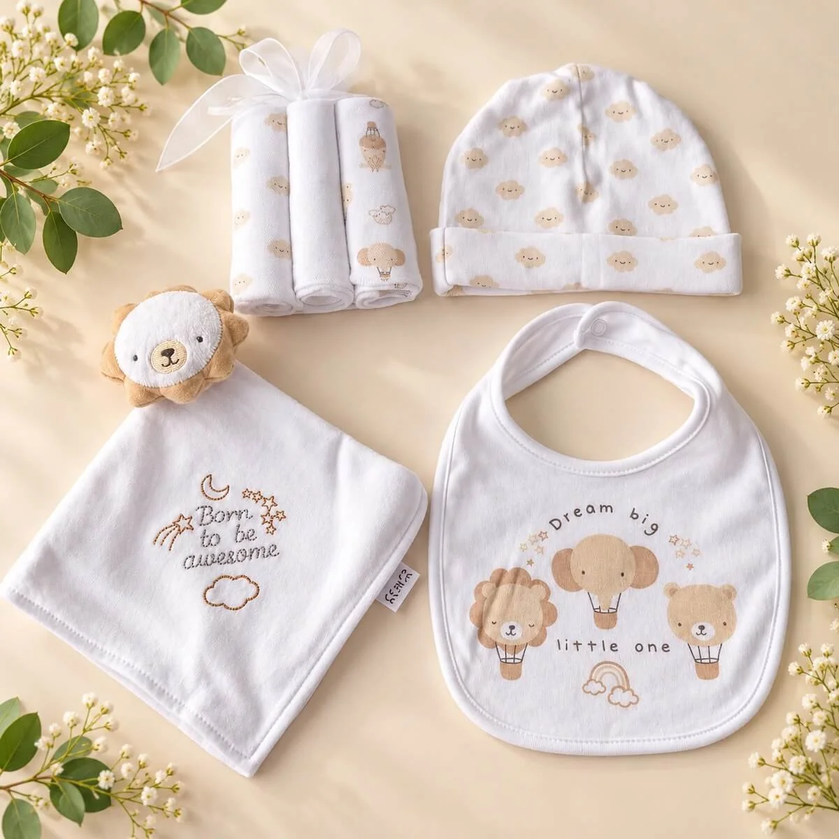 Neutral baby accessories featuring a cloud-print beanie, three muslin cloths, embroidered lion comforter and Dream Big Little One baby bib.