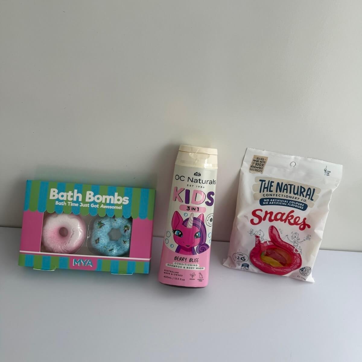 Rainbocorns gift items incluced in hamper  - bath bombs, snake lollies and bodywash.