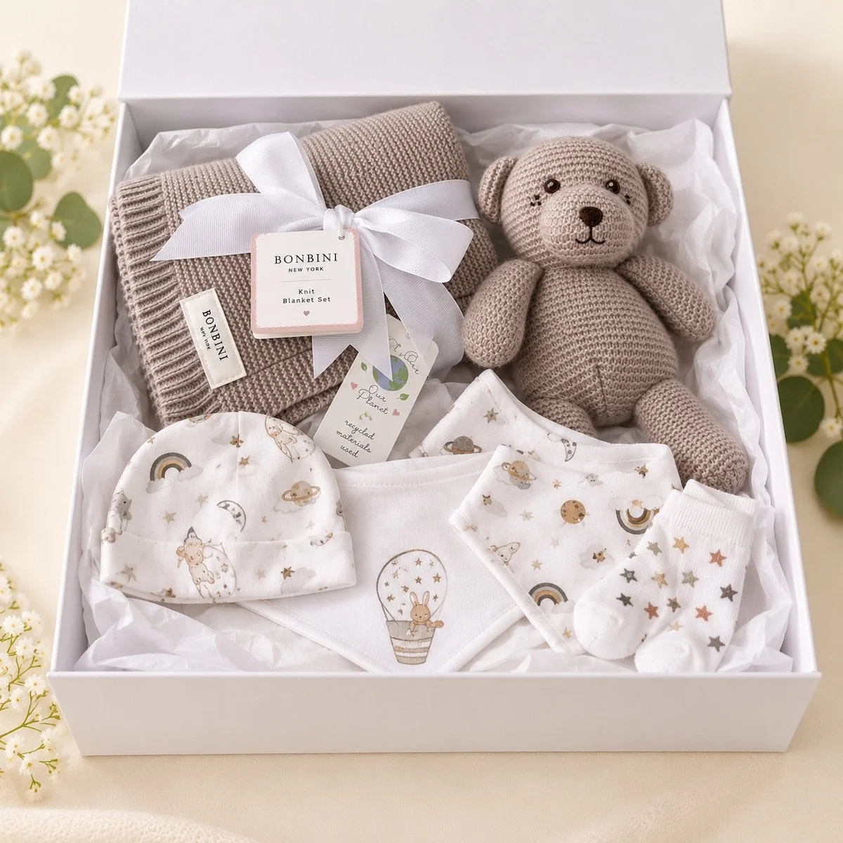 Luxury baby gift hamper featuring knitted blanket, teddy bear, baby clothing and accessories in a white gift box, with Gold Coast delivery.