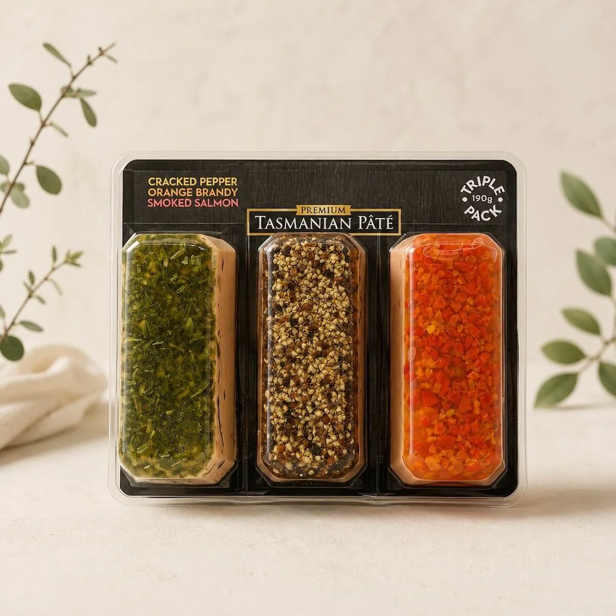Tasmanian mixed pate selections 190 g3 Flavours: Cracked Pepper, Orange Brandy, Smoked Salmon, total 190 g