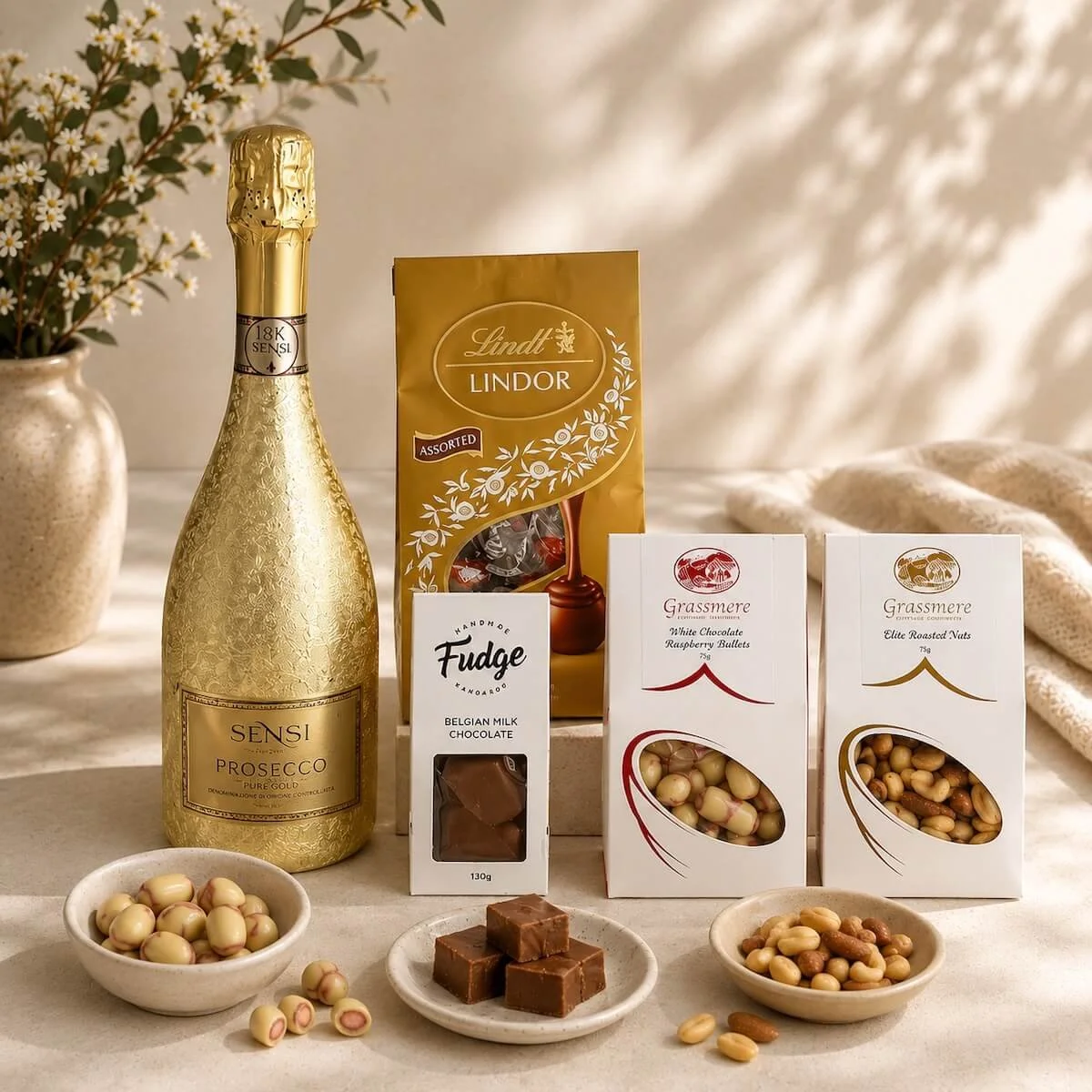 Items included in the gold gourmet hamper. Includes, prosecco, lindt chocolates, fudge, nuts and raspberry bullets.