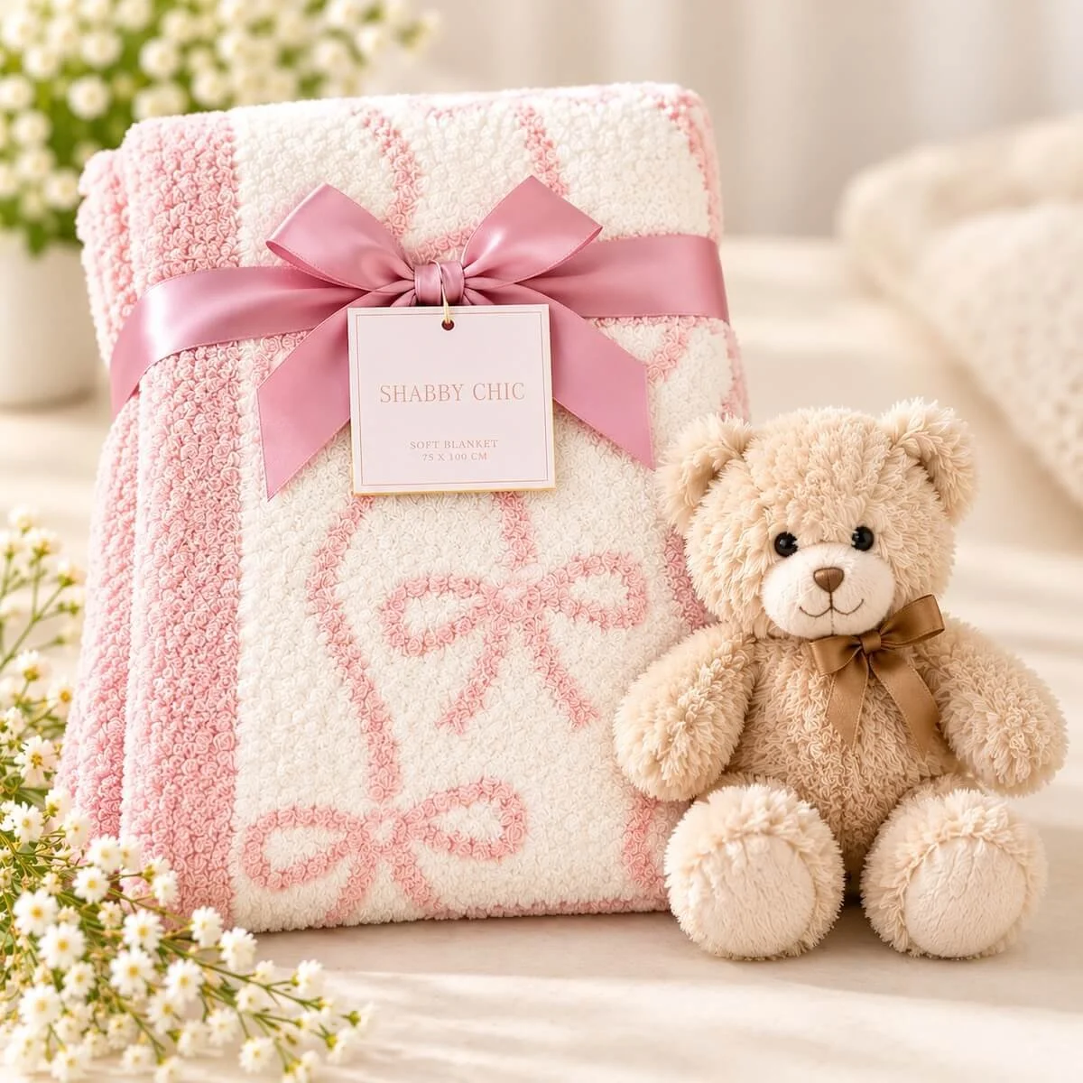 Soft beige teddy bear with pink and white Shabby Chic baby blanket, 75 × 100cm, perfect for a newborn baby girl gift.