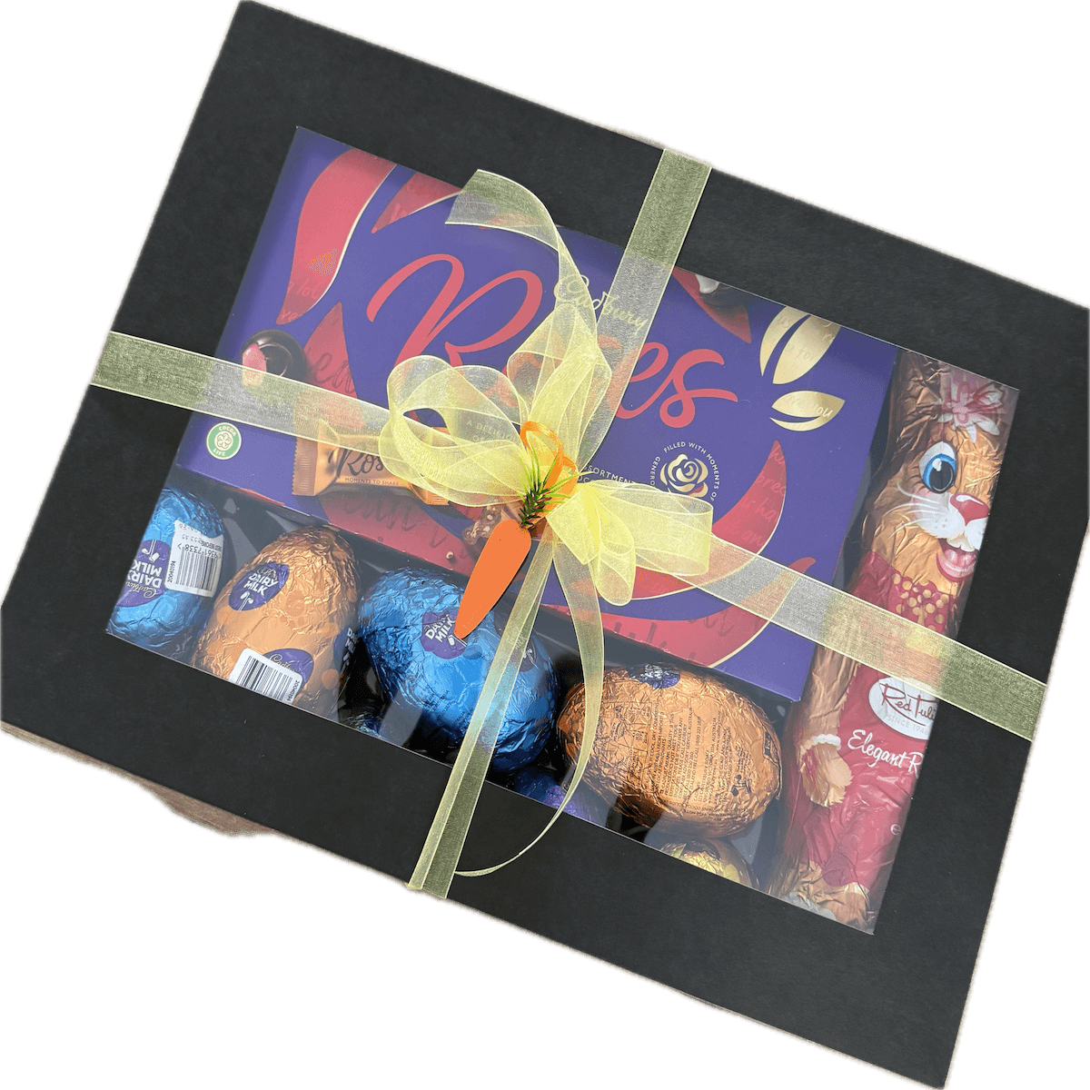 Easter Chocolate Gift Box with 380g Roses chocolates, chocolate Easter bunny and assorted Easter eggs in black window box with ribbon