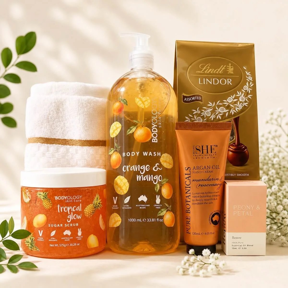 Luxury Australian body care, sugar scrub, argan oil hand cream, essential oils and Lindt chocolates gift hamper Gold Coast