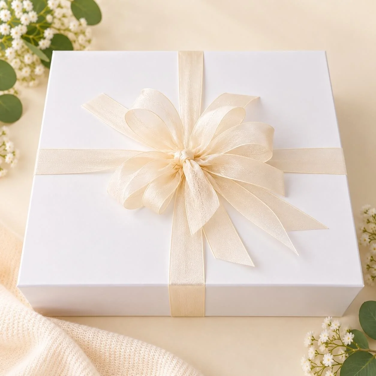 White Gift box with cream ribbon.