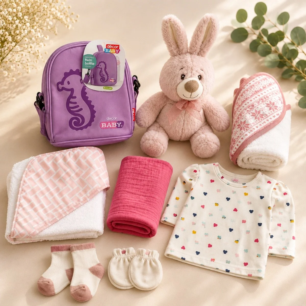 buba baby gift basket items, bunny toy clothing, hooded towel and bottle holder.