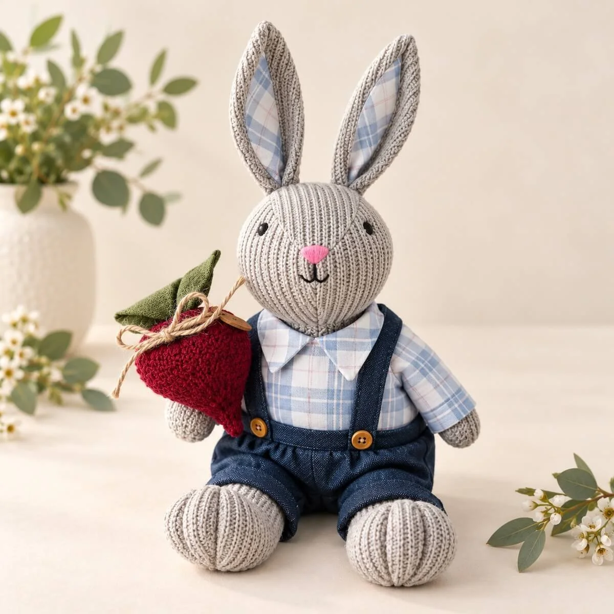 Grey decorative Easter bunny with checked ears, blue shirt and navy overalls, holding a burgundy fabric decoration on a cream background with greenery.