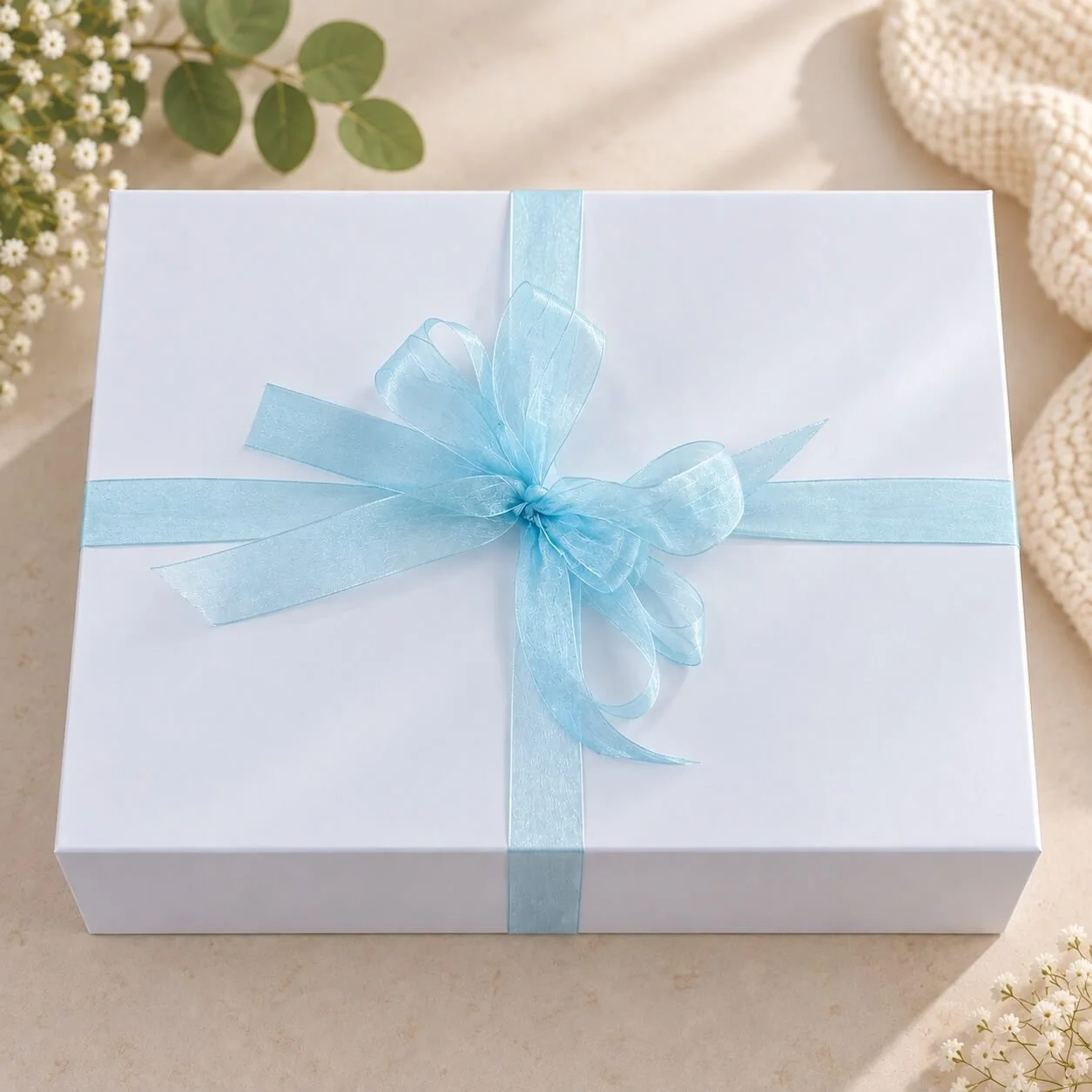 White baby gift box with blue ribbon.