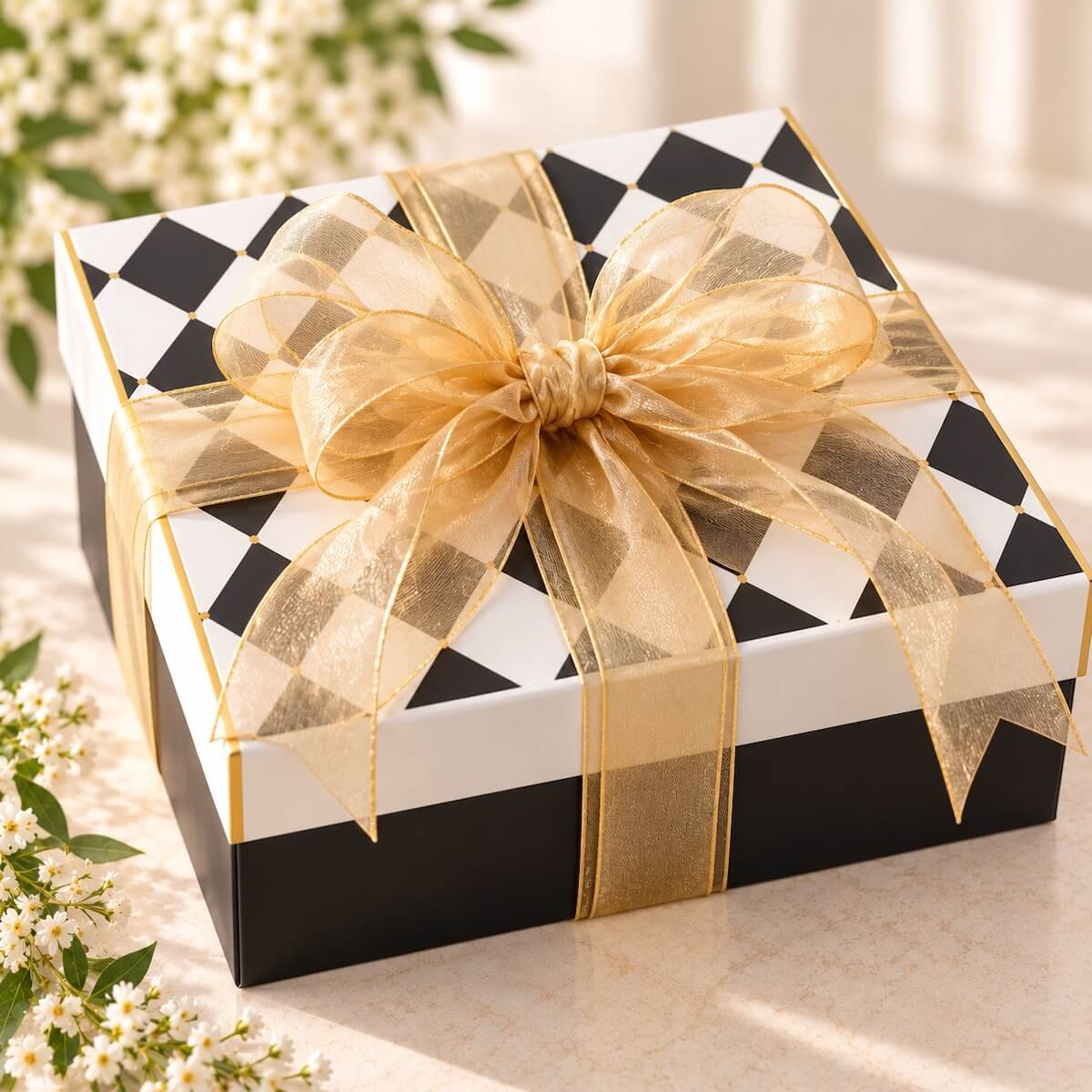 Black white and gold magnetic close gift box with gold ribbons.