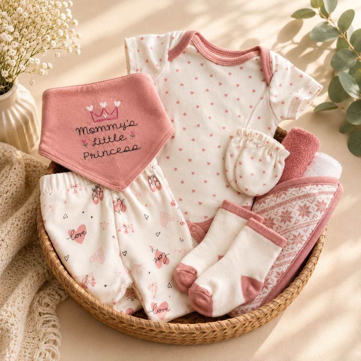 Blush baby hamper clothing items included in the hamper.