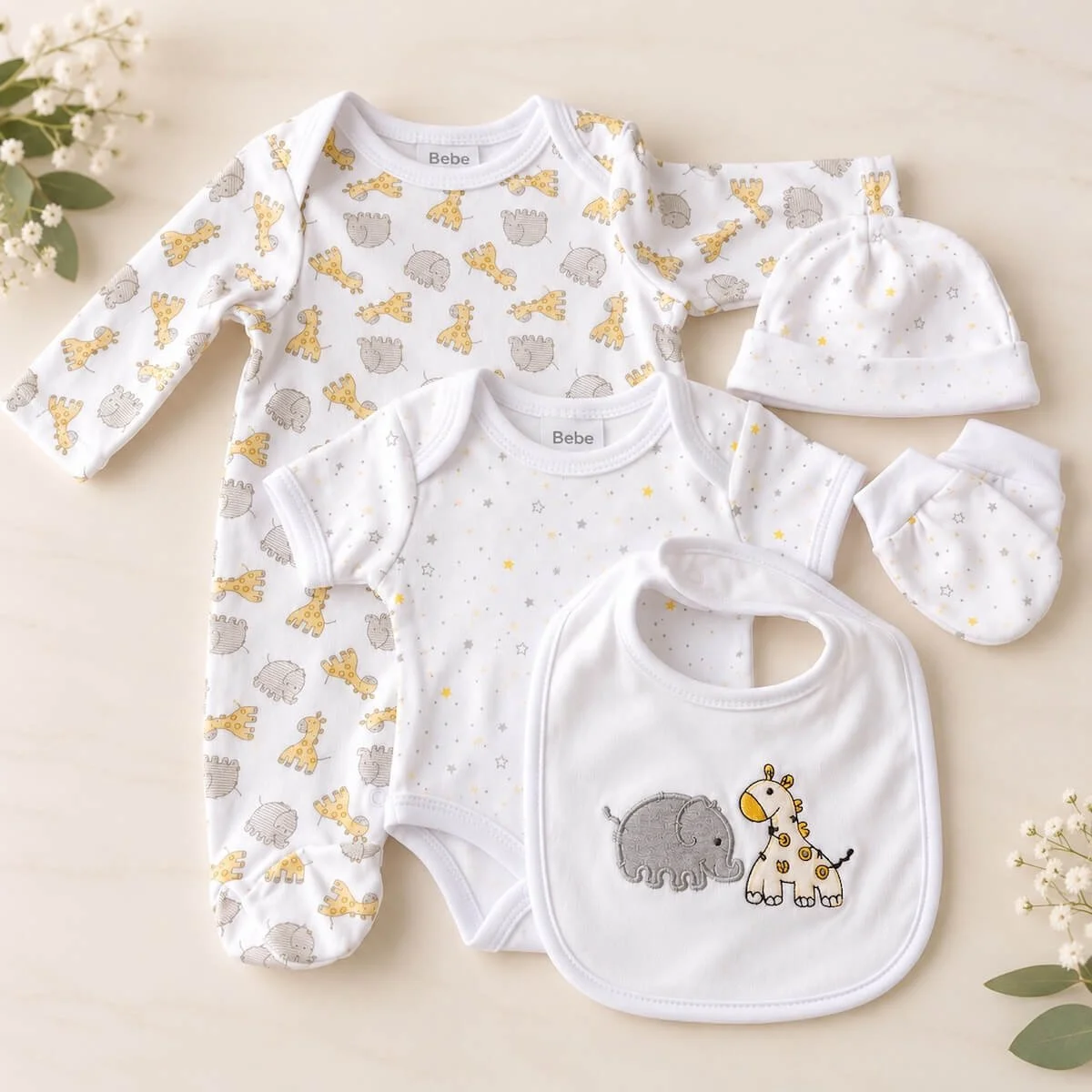 White baby clothing set featuring giraffe and elephant prints, star-patterned bodysuit, matching hat, mittens and embroidered bib.