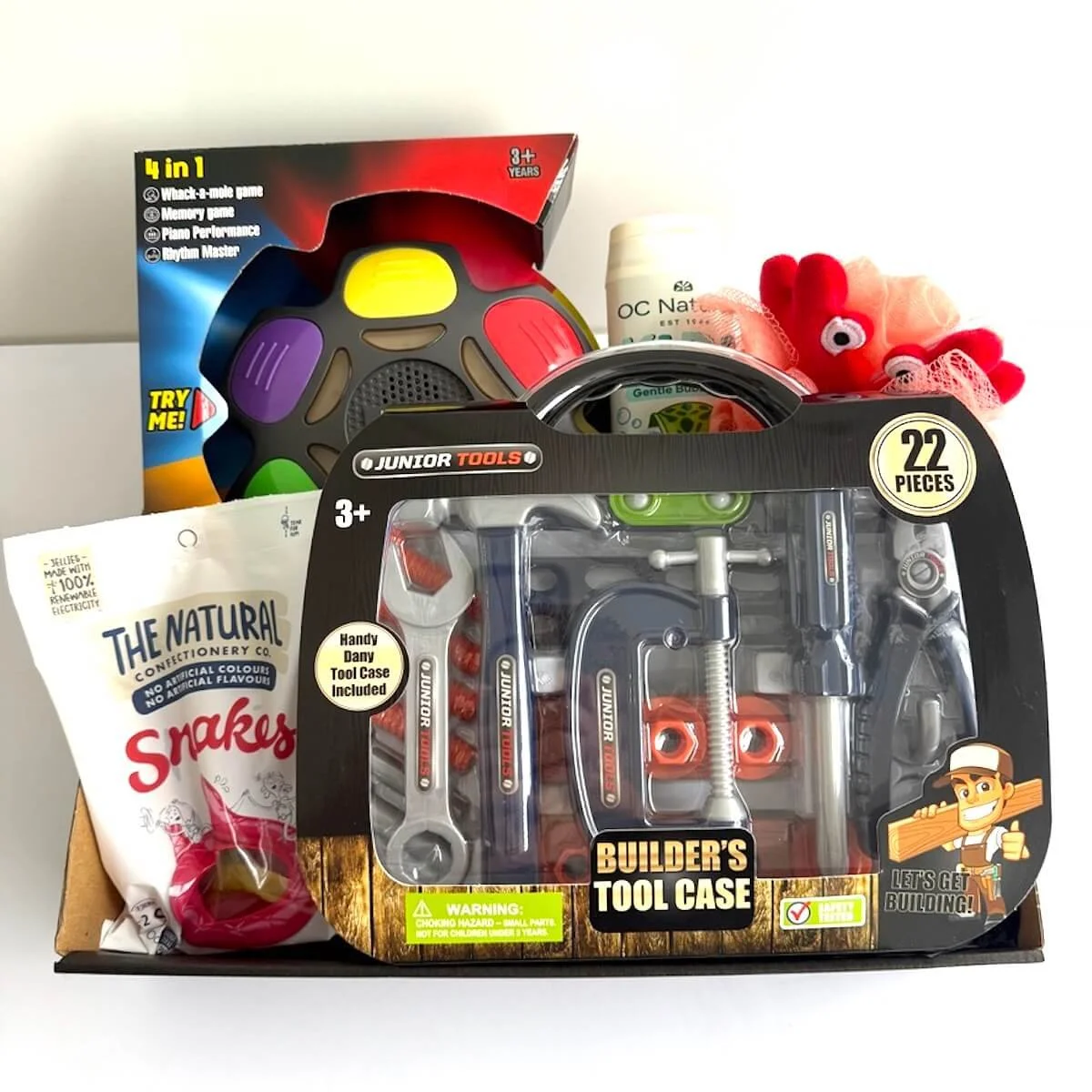 Builder Play Gift Hamper with 22-piece tool caddy, 4-in-1 game, bubble bath and snake lollies