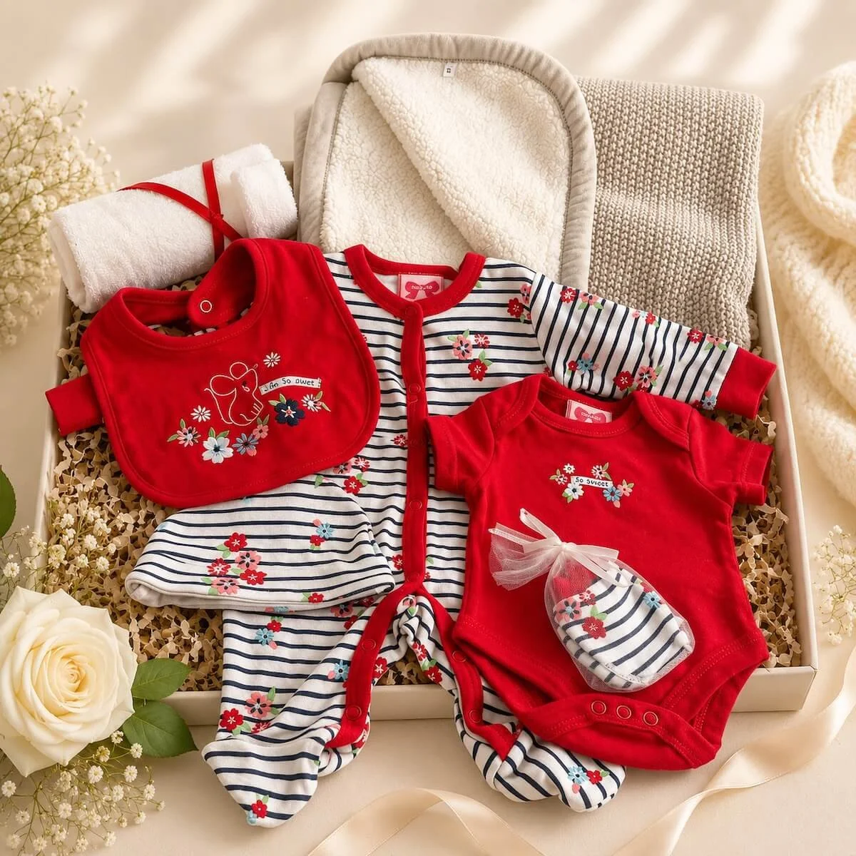 A two sided baby blanket and a 5 piece cloth set and a hooded towel for a new baby. Same-day delivery Gold Coast..