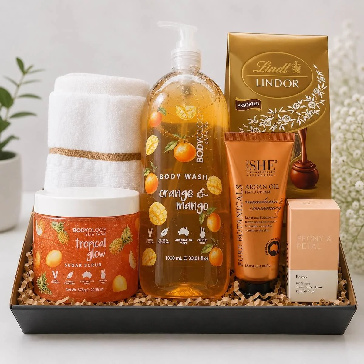 Ultimate Australian Pamper Hamper with luxury Australian body care, sugar scrub, argan oil hand cream, essential oils and Lindt chocolates gift hamper Gold Coast