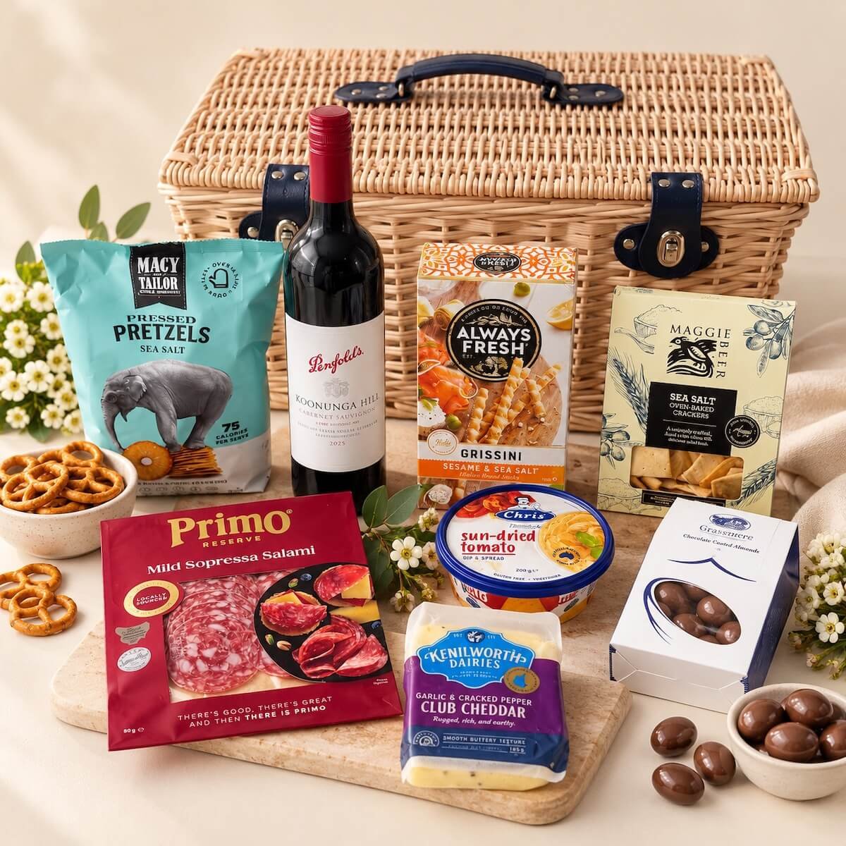Gourmet picnic hamper contents featuring Penfolds red wine, salami, cheddar cheese, crackers, grissini, pretzels, sun-dried tomato dip and chocolate almonds.
