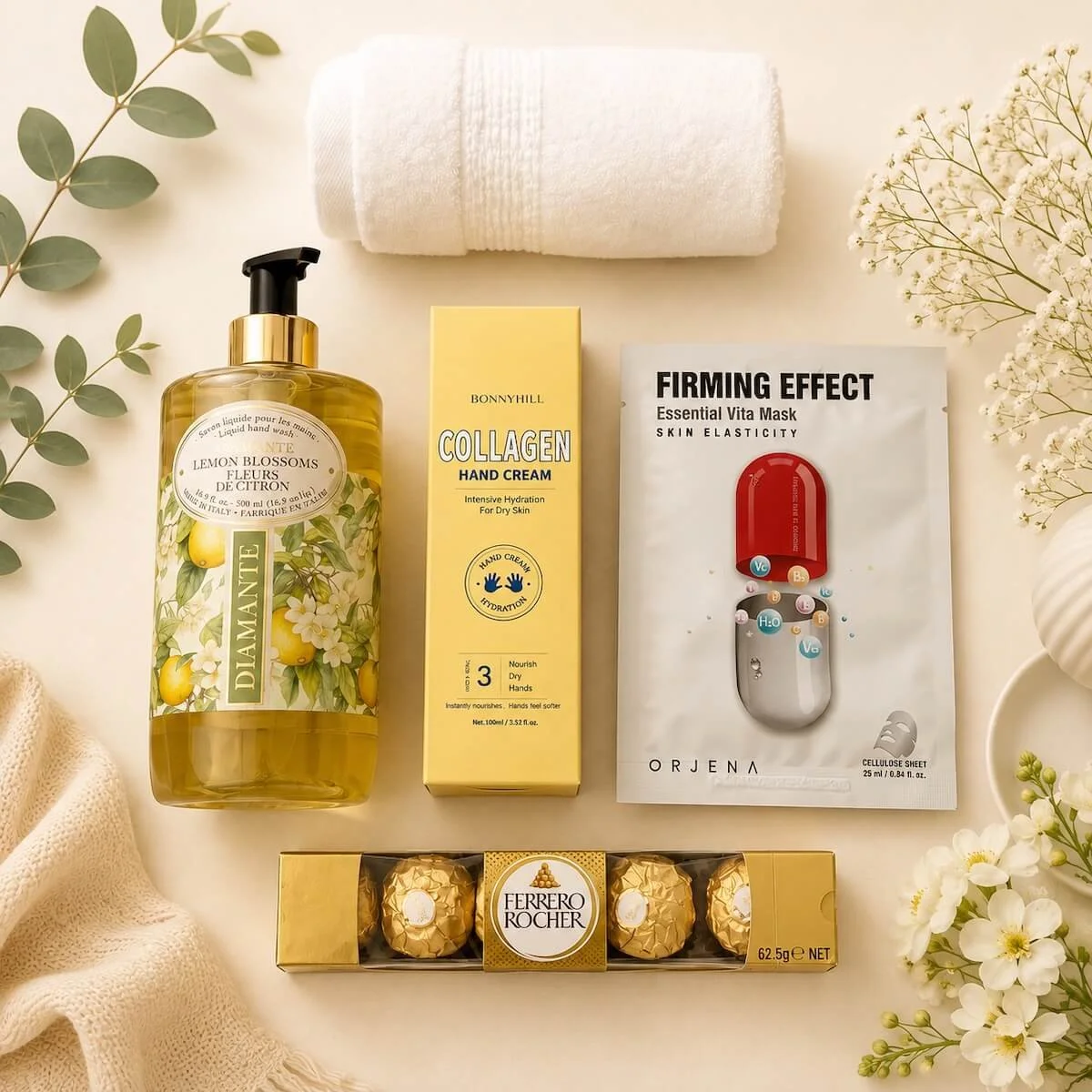 Citrus hamper with hand cream, hand wash, chocolates, washer and face mask for same-day delivery gold coast.