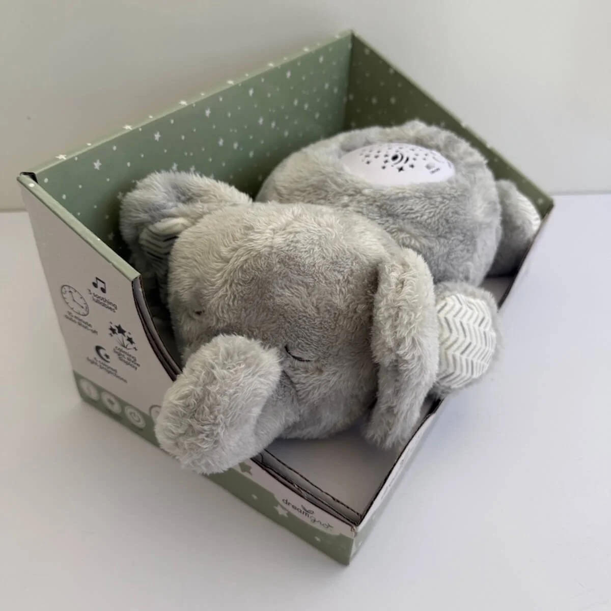 Dream Gro projector soother for babies with soothing lullaby music and gentle multicoloured lights, designed to help calm and comfort newborns at bedtime.