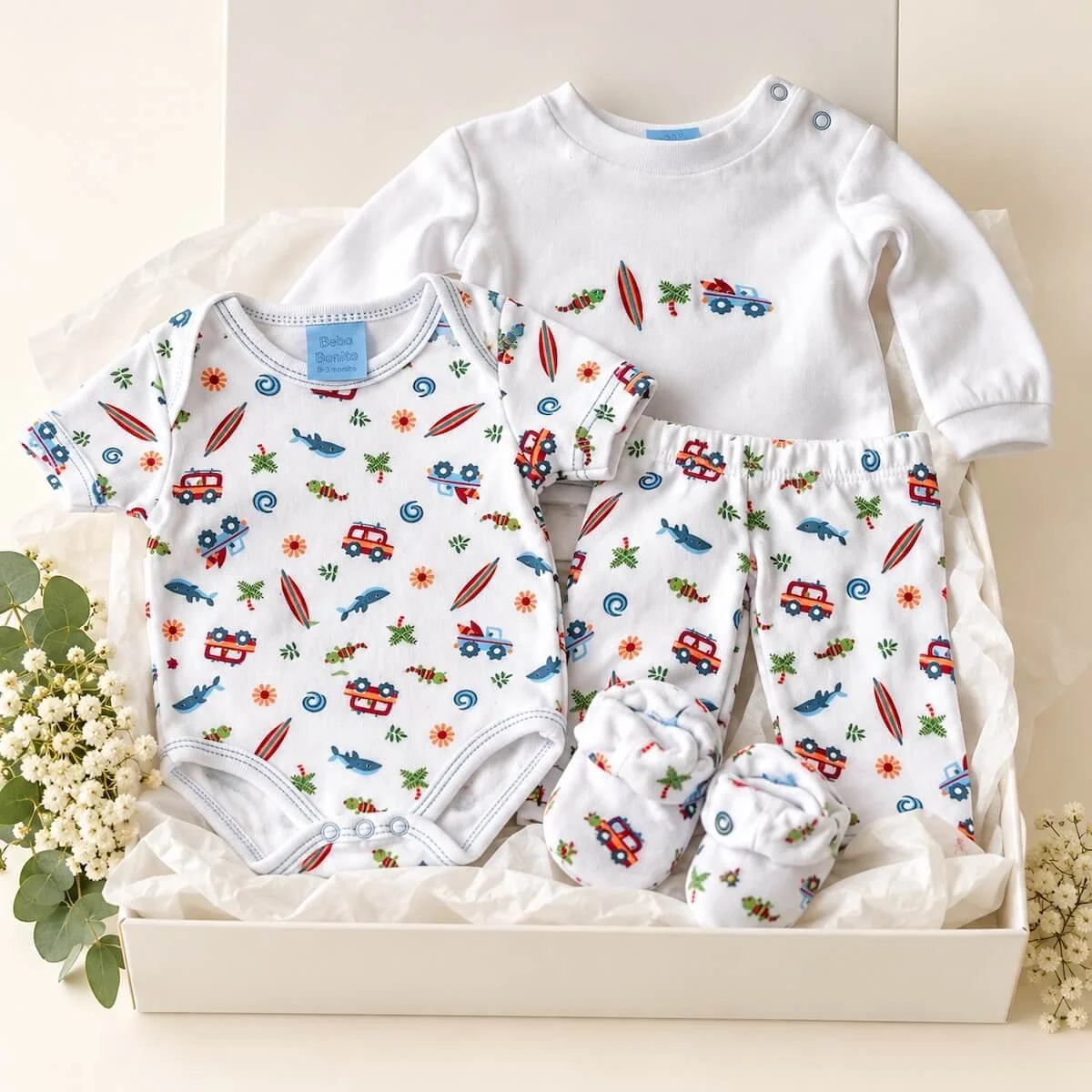 Bebe Bonito baby boy clothing set 0–3 months with coastal print bodysuit, long-sleeve top, matching pants and booties.