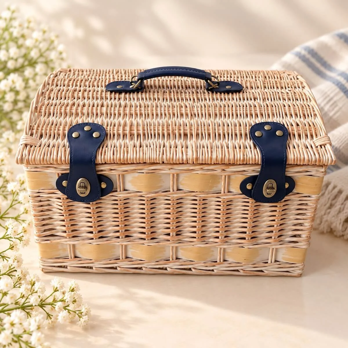 Elegant wicker picnic hamper with navy blue handle and leather-look straps, beautifully presented on a soft cream background.