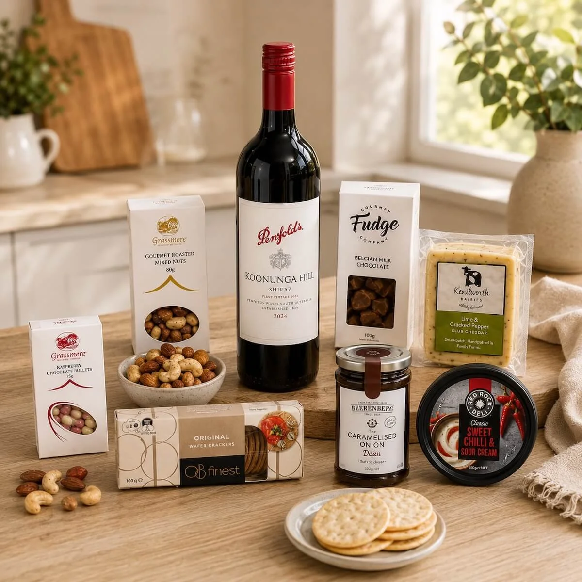 he Maudsland wine and cheese hamper includes a bottle of wine, 2 cheeses, crackers, Fudge and gourmet treats.