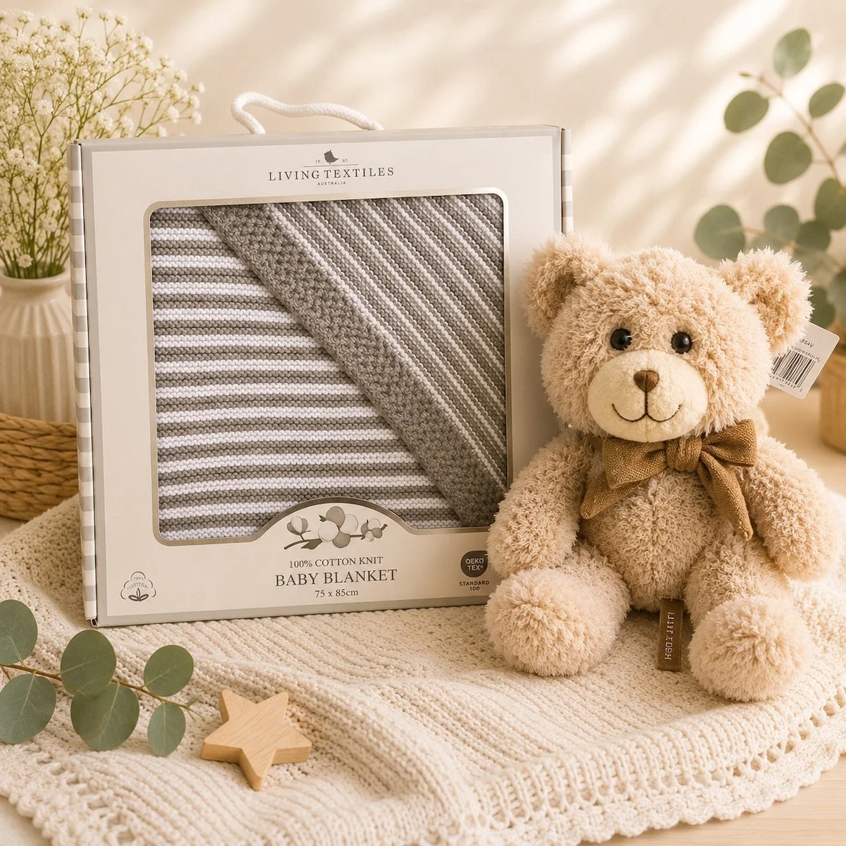 Blanket and teddy bear that is inclued in the Tiny Treasures gift hamper for gold coast delivery.