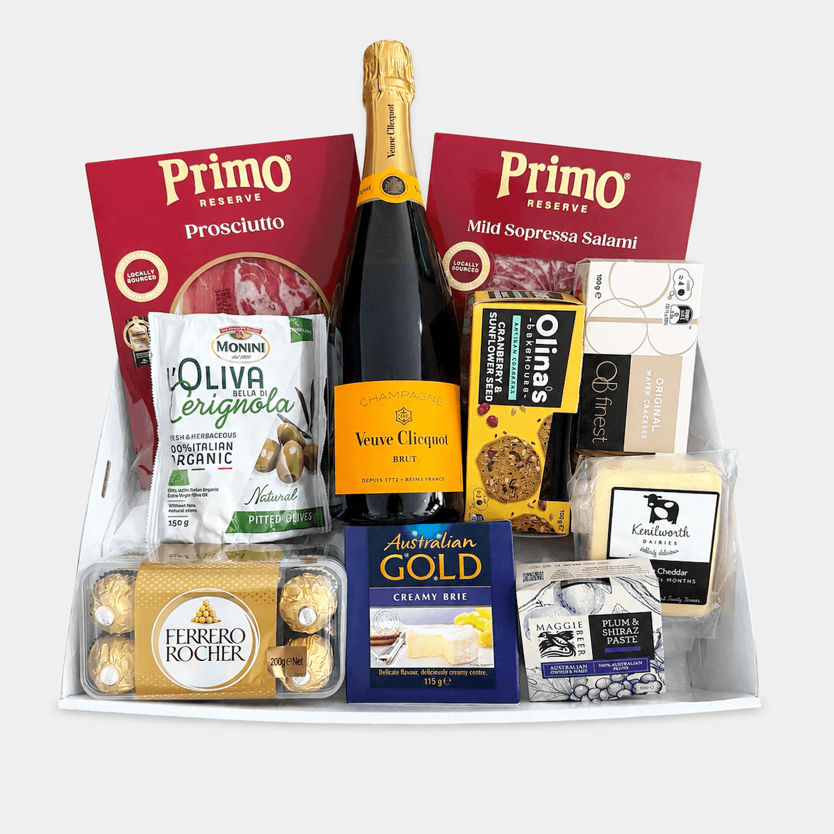 Gift hamper with assorted savoury and sweet foods and also included a bottle of Veuve champagne gold coast delivery 7 days.