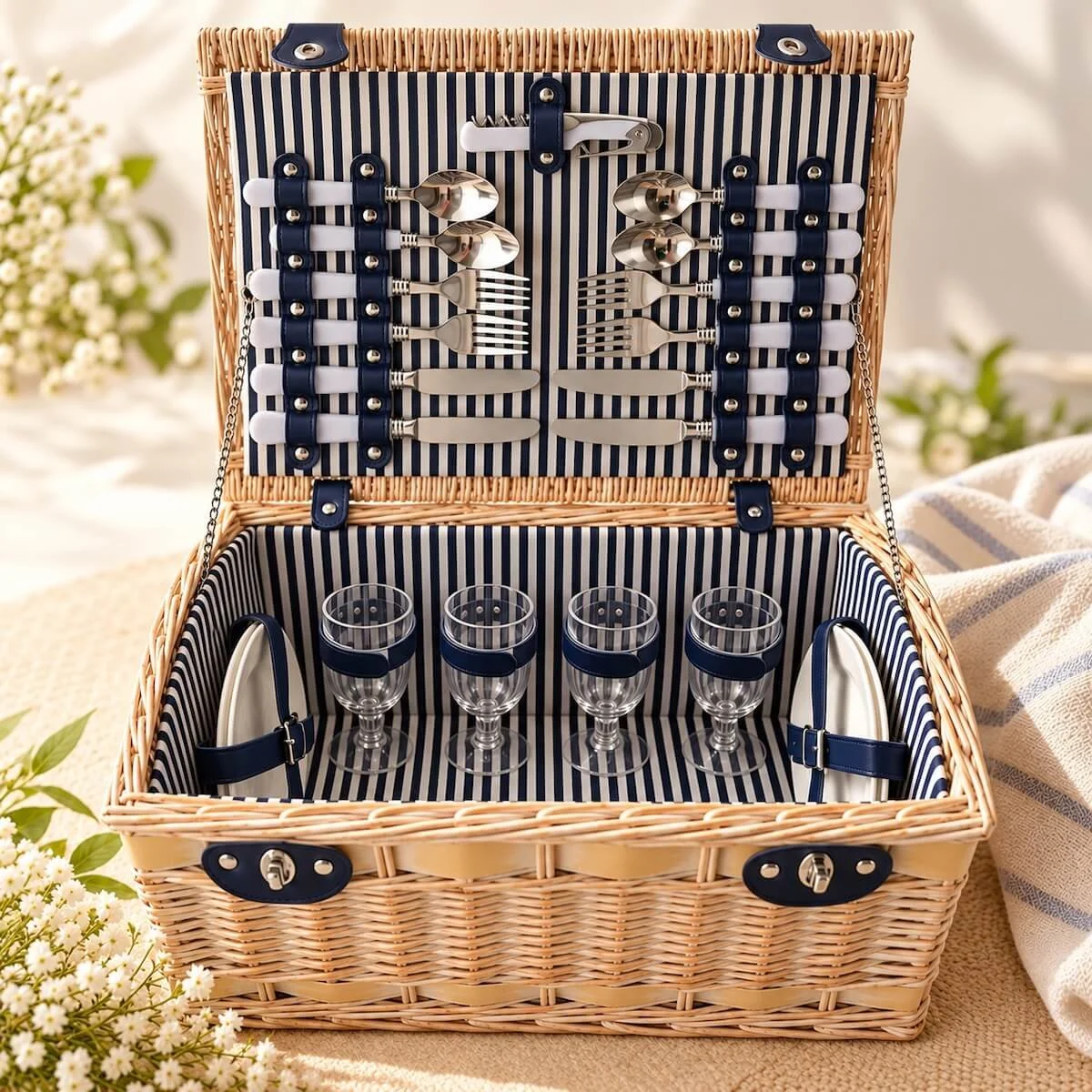 Luxury four-person wicker picnic basket with navy striped lining, plates, wine glasses, stainless steel cutlery and bottle opener.