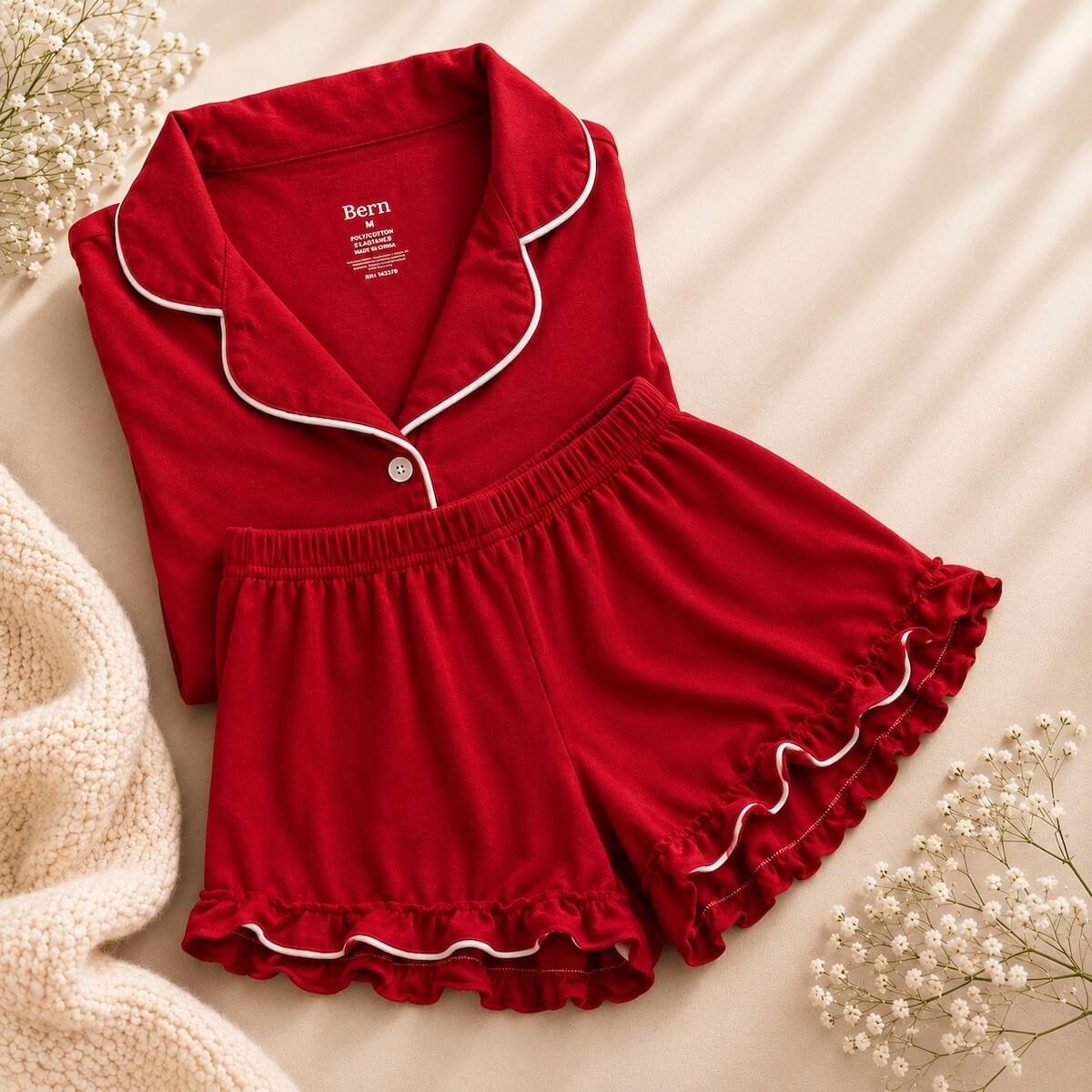 Red Born women's short pyjama set with white piping and ruffled shorts, beautifully displayed on a soft cream background.