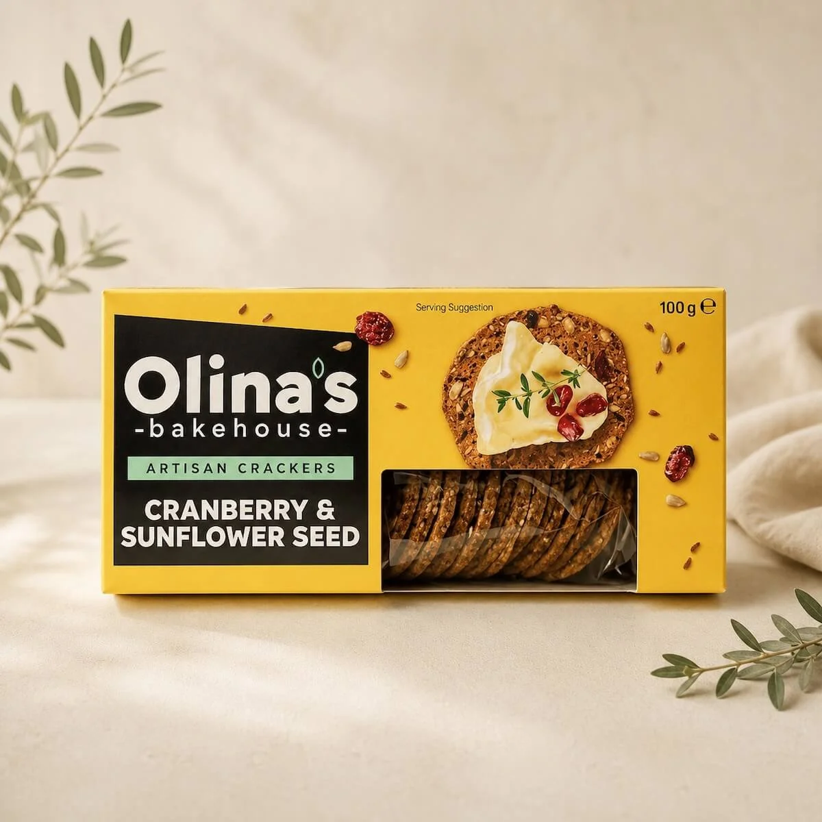 Olinas-sunflower-cranberry crackers 100g but choice of flavour available.