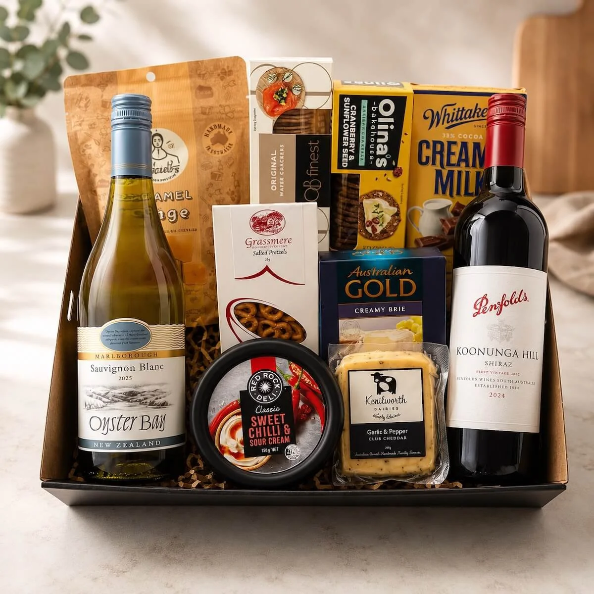 Premium Wine and Cheese hamper for Gold Coast Delivery includes 2 bottles of Wine, Cheeses, Dip, Chocolate, Pretzels & fudge.