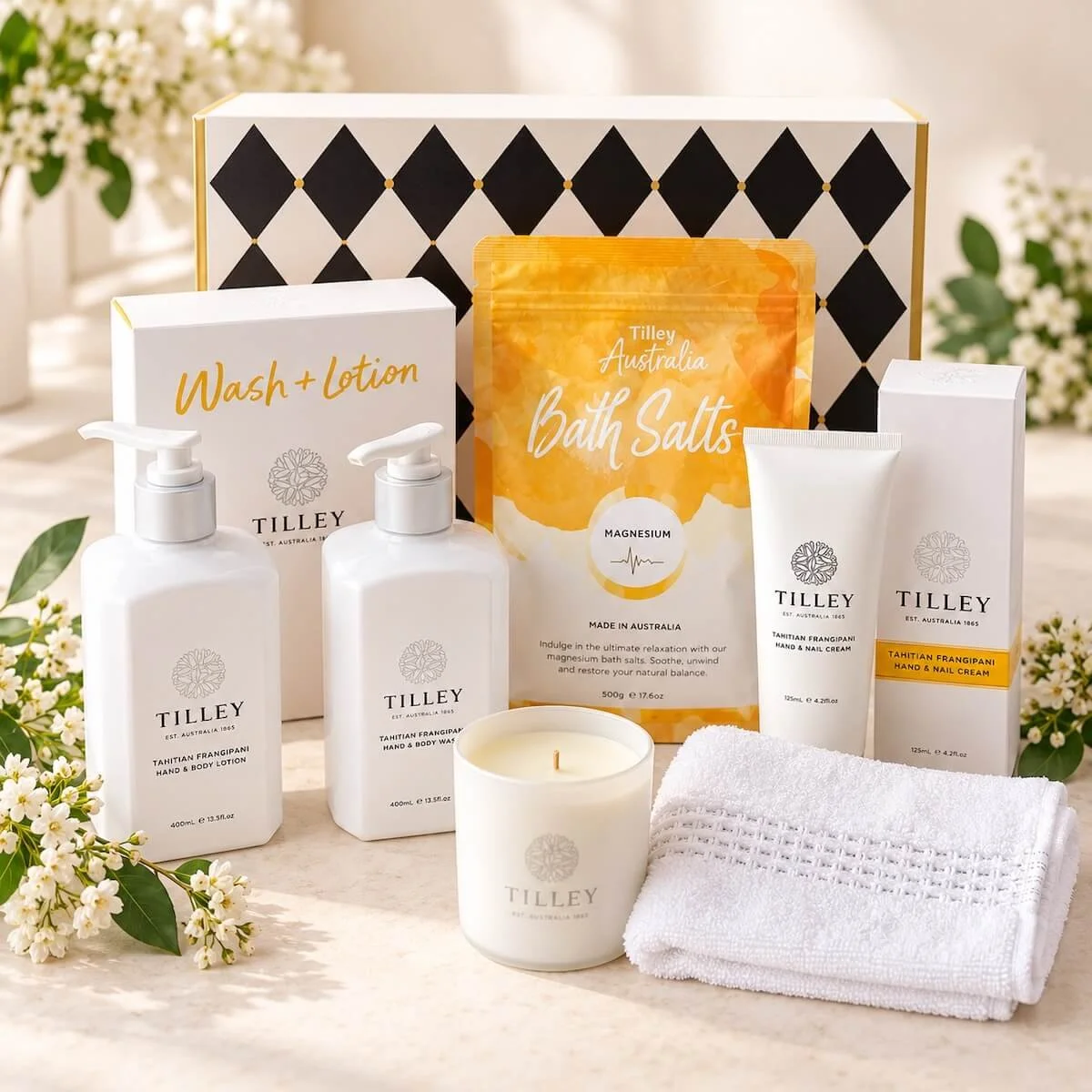 Luxury Tilley pamper gift hamper featuring body wash, lotion, hand cream, bath salts, candle and towel with Gold Coast delivery.