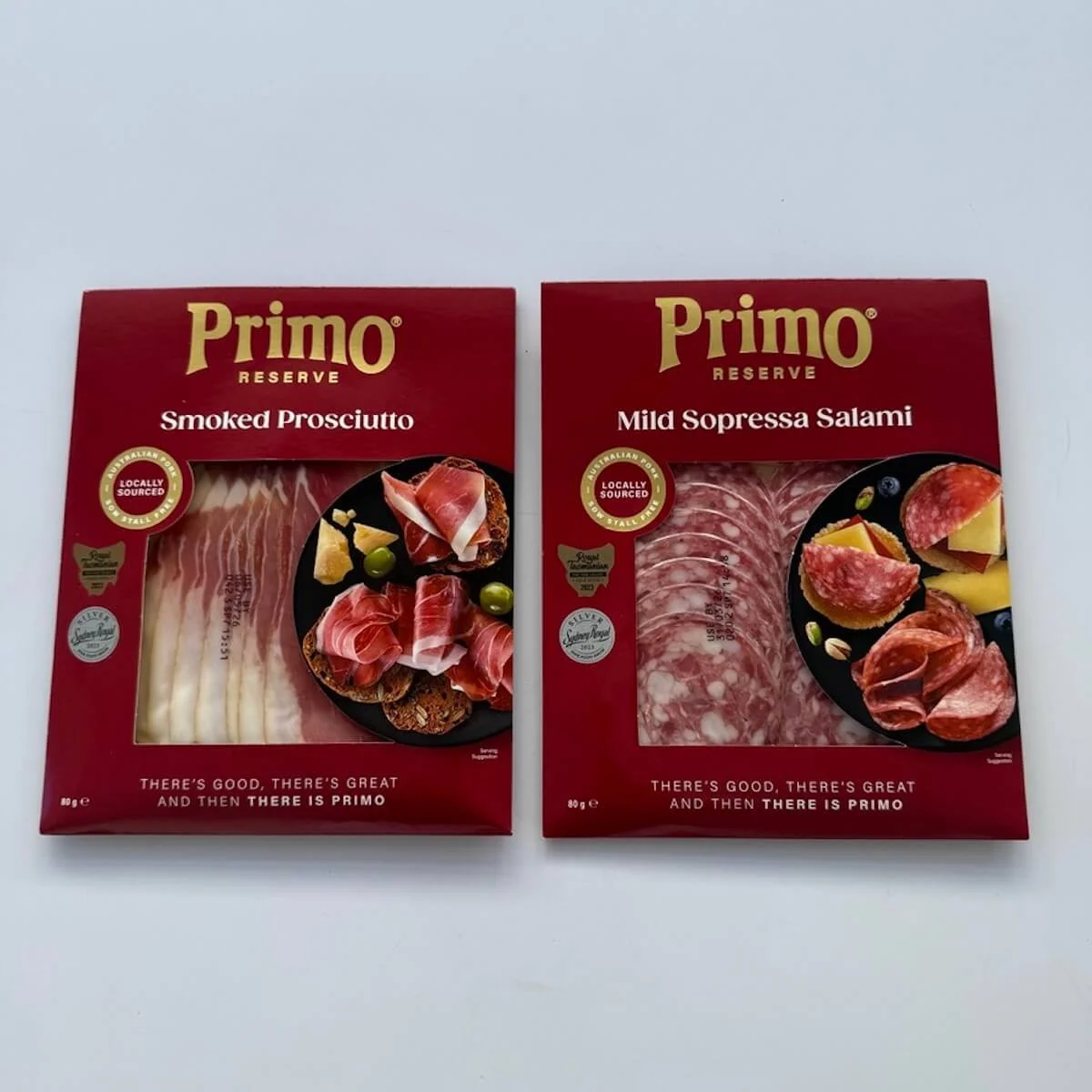 Primo premium meat selection add on featuring choice of 80g smoked prosciutto or 80g mild sopressa salami for gourmet gift hampers.