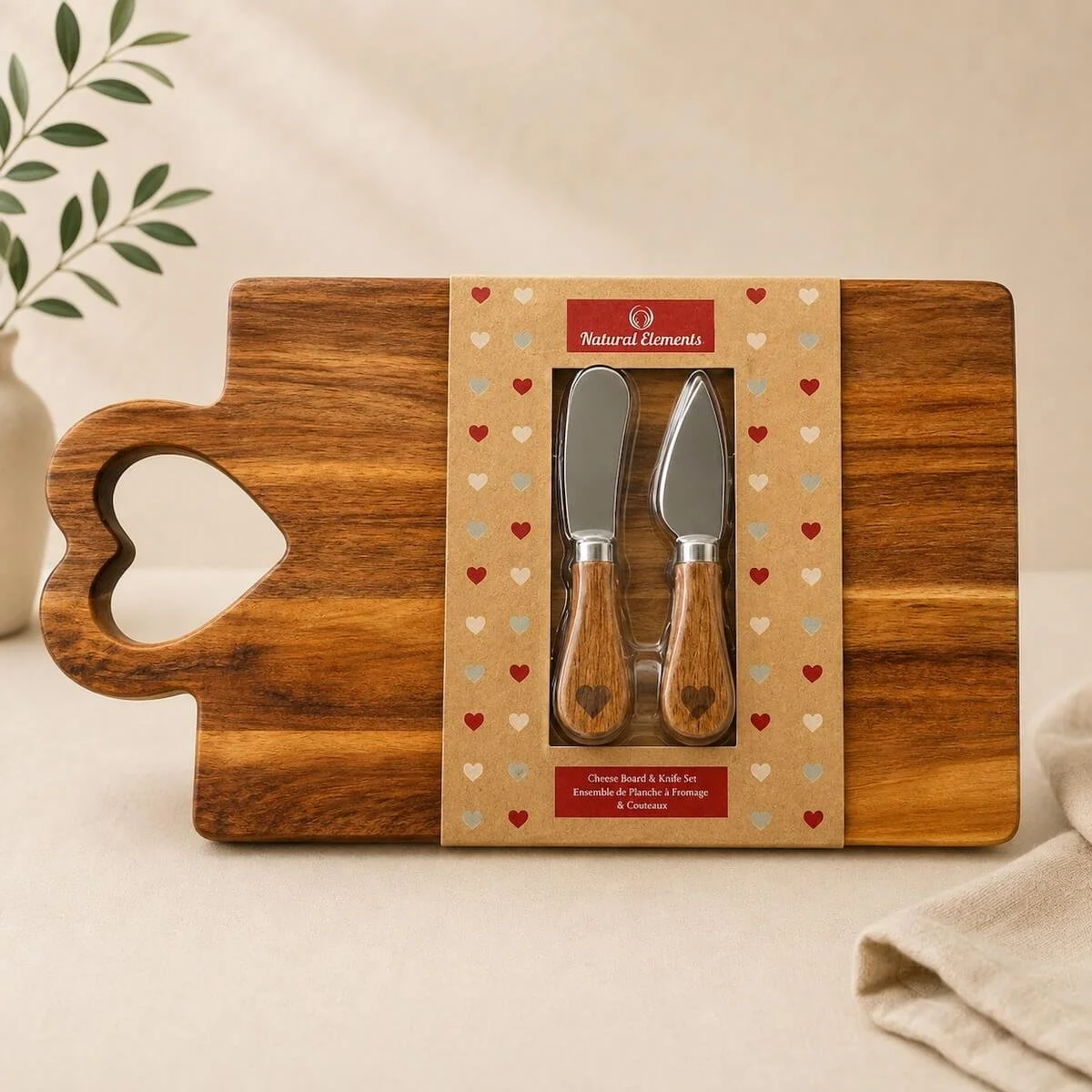 Wooden cheese board with two cheese knives, perfect gourmet hamper add on for serving cheese and antipasto..