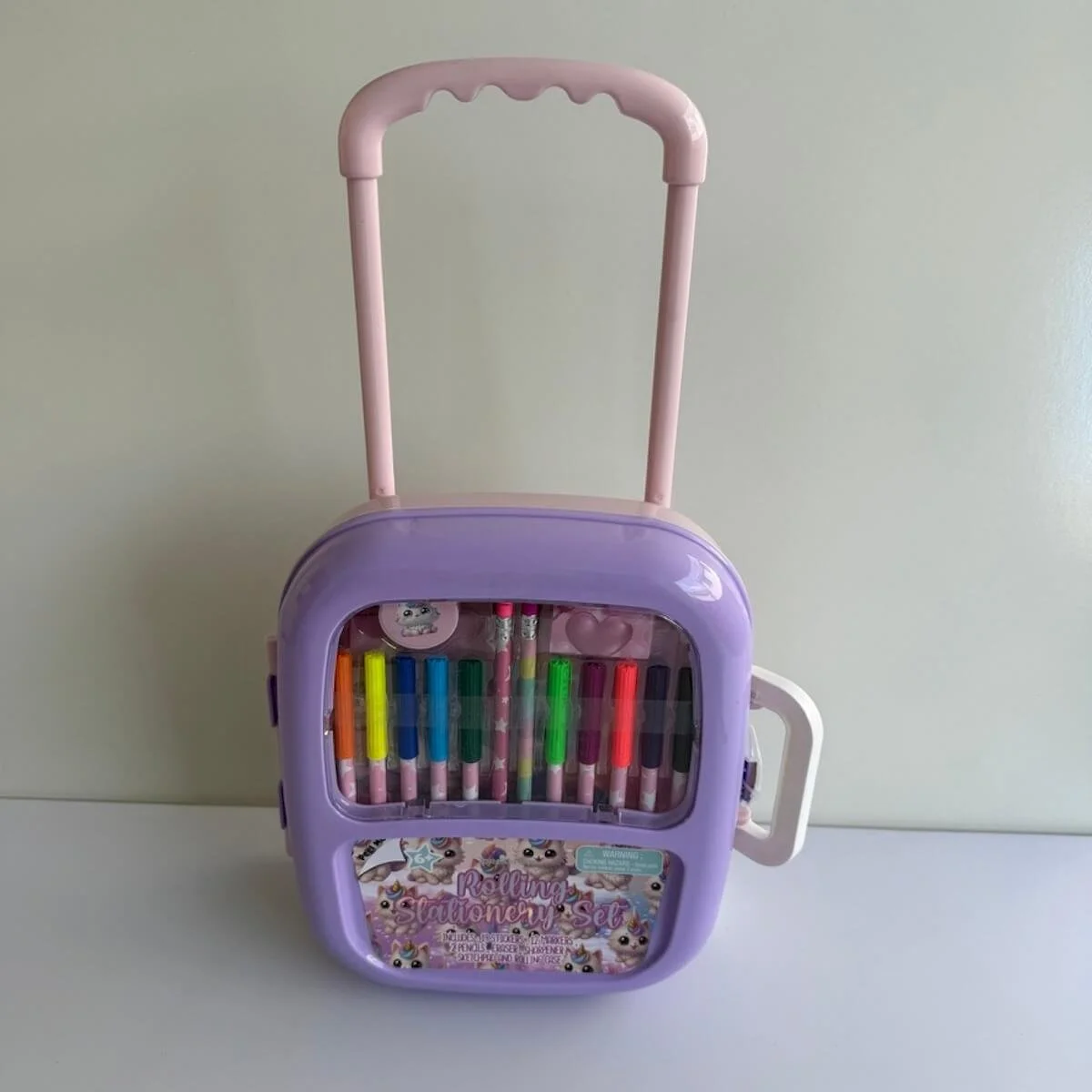 Carry & Wheel stationery case with markers, pencils, stickers, sketch pages, eraser and sharpener for children aged 6 years and over.