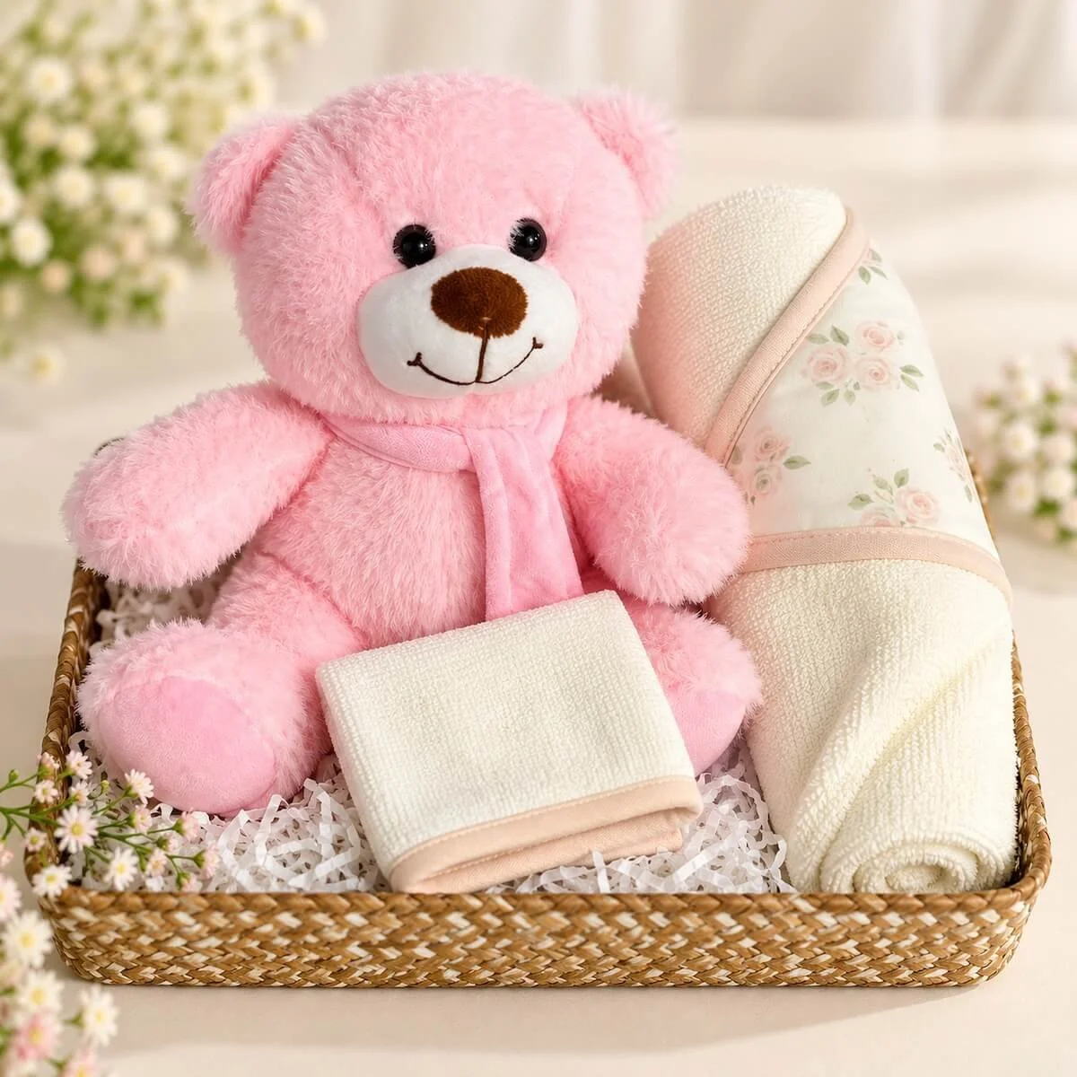 Soft pink teddy bear with cream floral hooded baby towel and matching face cloth, included in our baby girl gift basket.