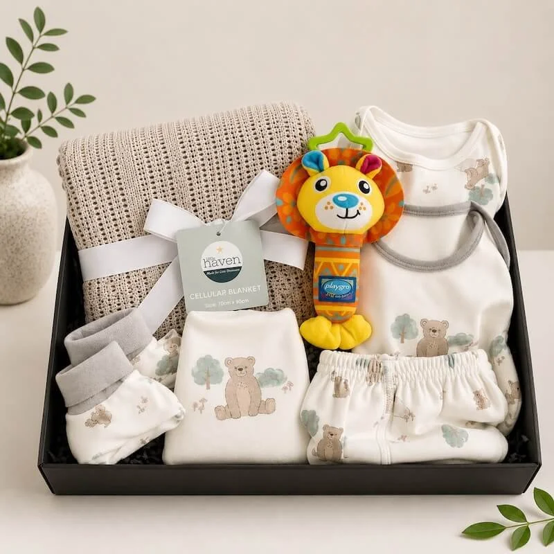 Baby gift hamper with a cotton blanket, a 6 piece clothing set with a bear theme and a rattle soft toy.