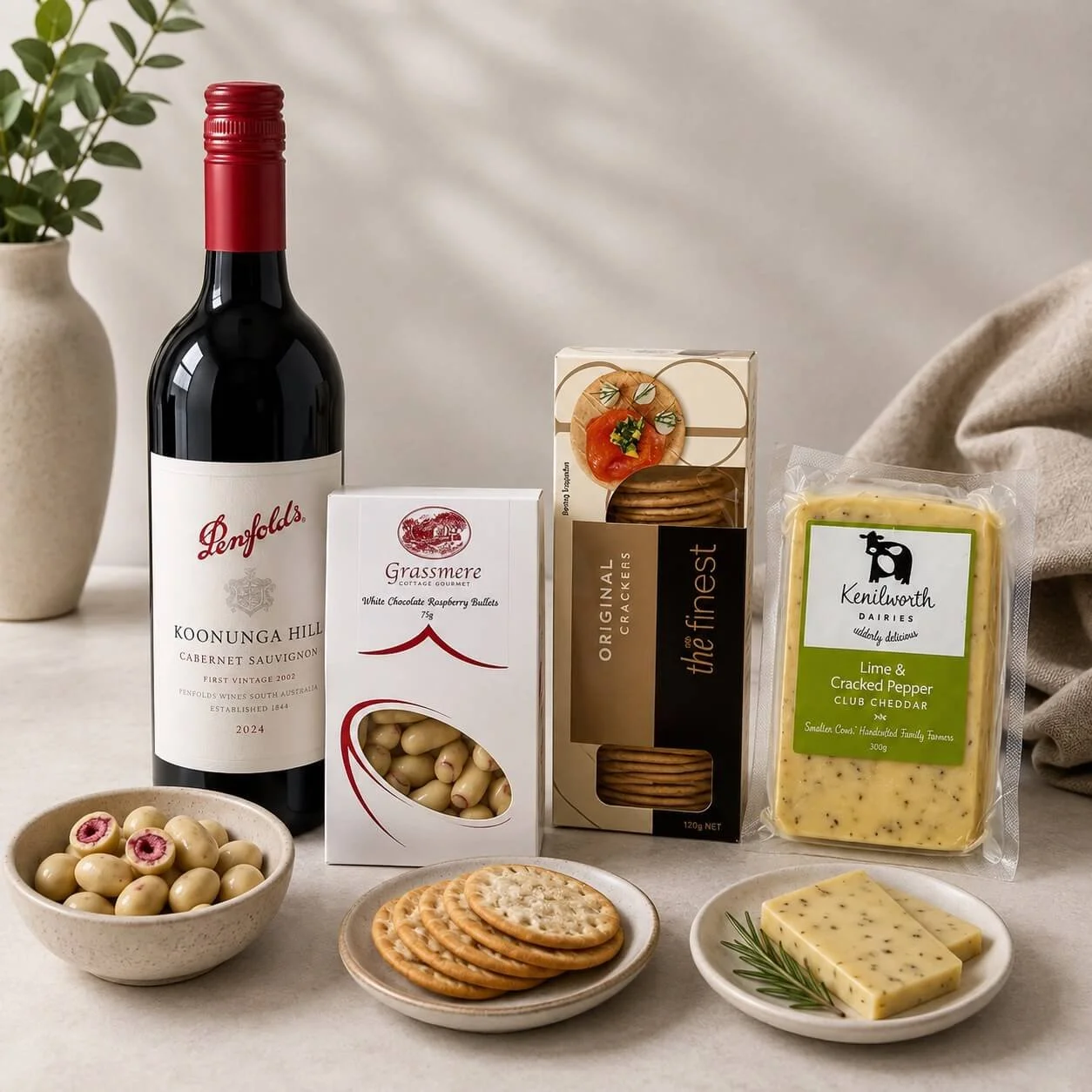 Wine gift box items, 700 ml wine and wafer crackers, with kenilworth cheese and white raspberry bullets.
