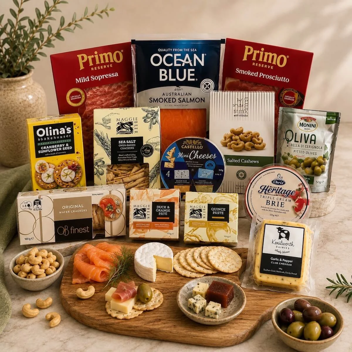The Gourmet e[ociream hamper includes Gourmet meats, crackers, cheeses, Salmon, Pate, Fruit paste, olives and cashews in a basket.