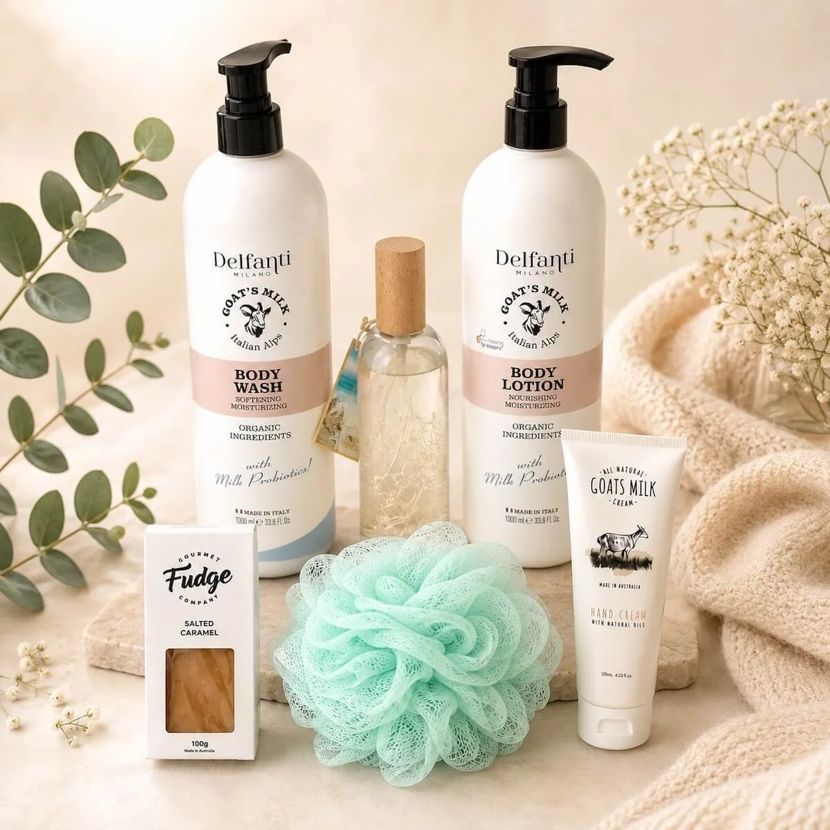 Amber Luxury Gift Box: 1000ml Italian Goats Milk wash & lotion, Australian hand cream, botanical room spray with dried flowers, mesh sponge, and gourmet fudge.