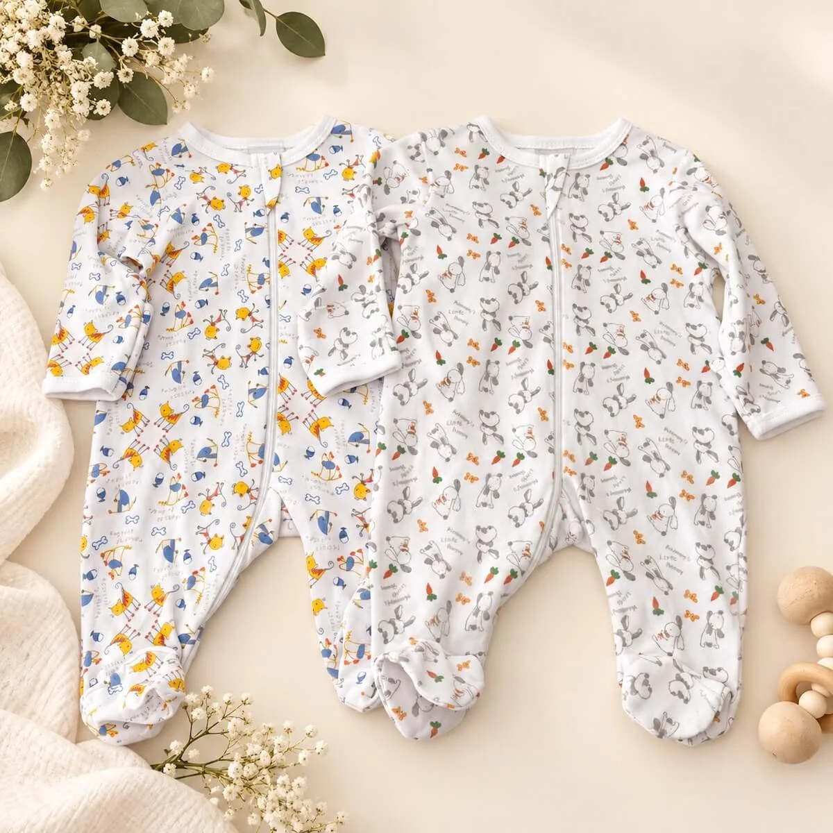 Two adorable long-sleeve baby grows 0-3 months with colourful animal and bunny prints, included in our Elephant Baby Gift Hamper.
