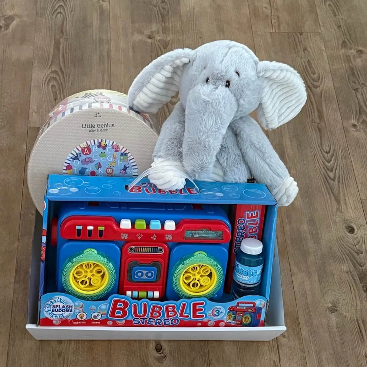 Children’s gift tray with bubbles stereo toy, 48-piece play and learn alphabet puzzle and 40 cm plush elephant soft toy