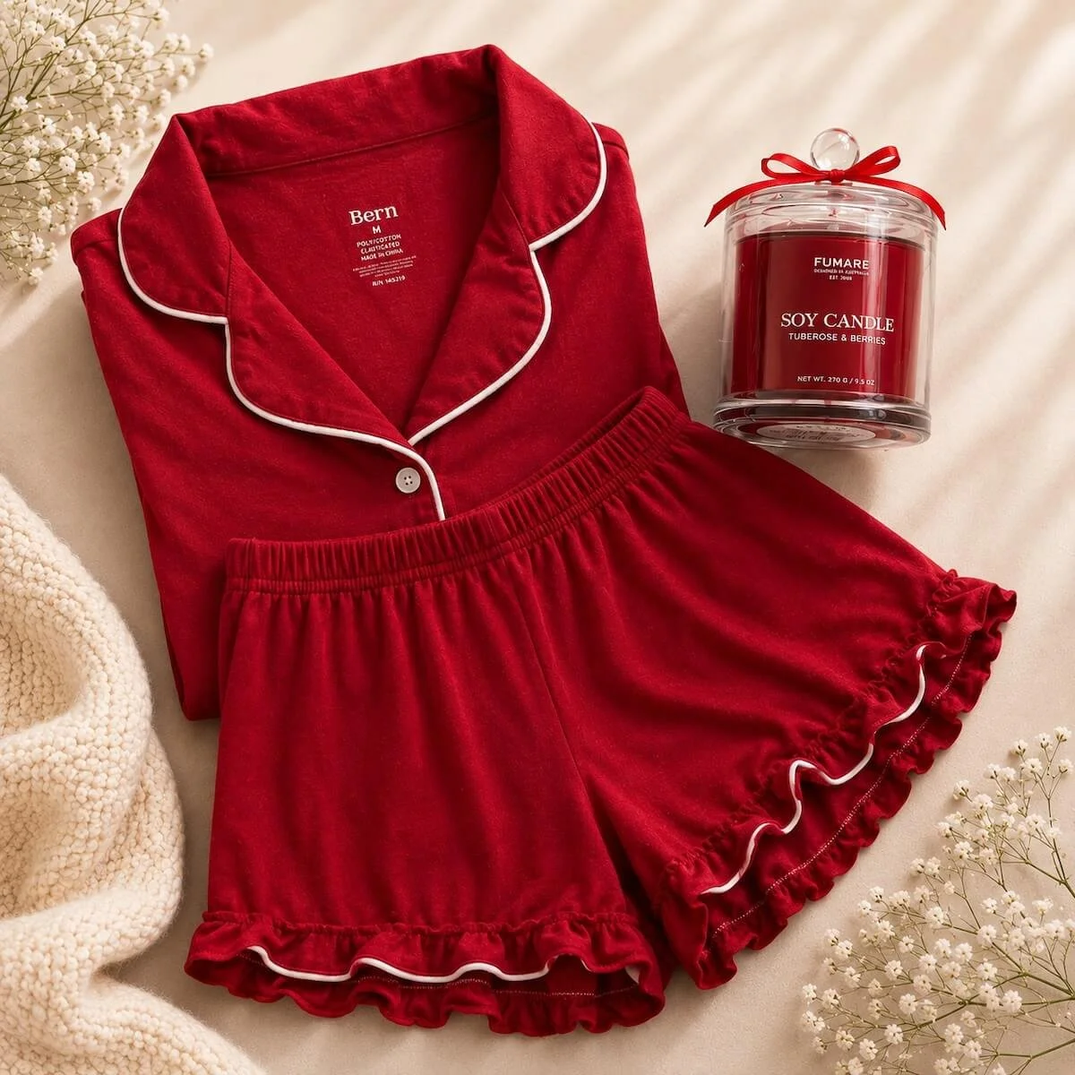 Women's short sleeve red pajama set featuring white cord piping and contrasting white buttons displayed with red candle.