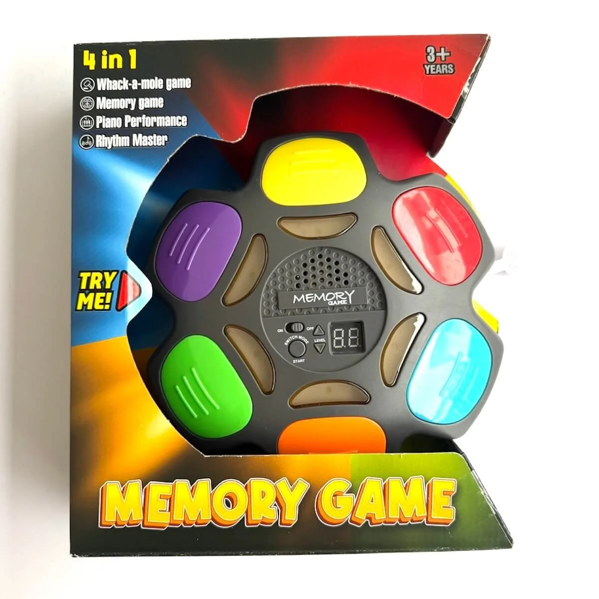 4-in-1 interactive kids game with Whack-a-Mole, memory game, piano and rhythm activities for ages 4+