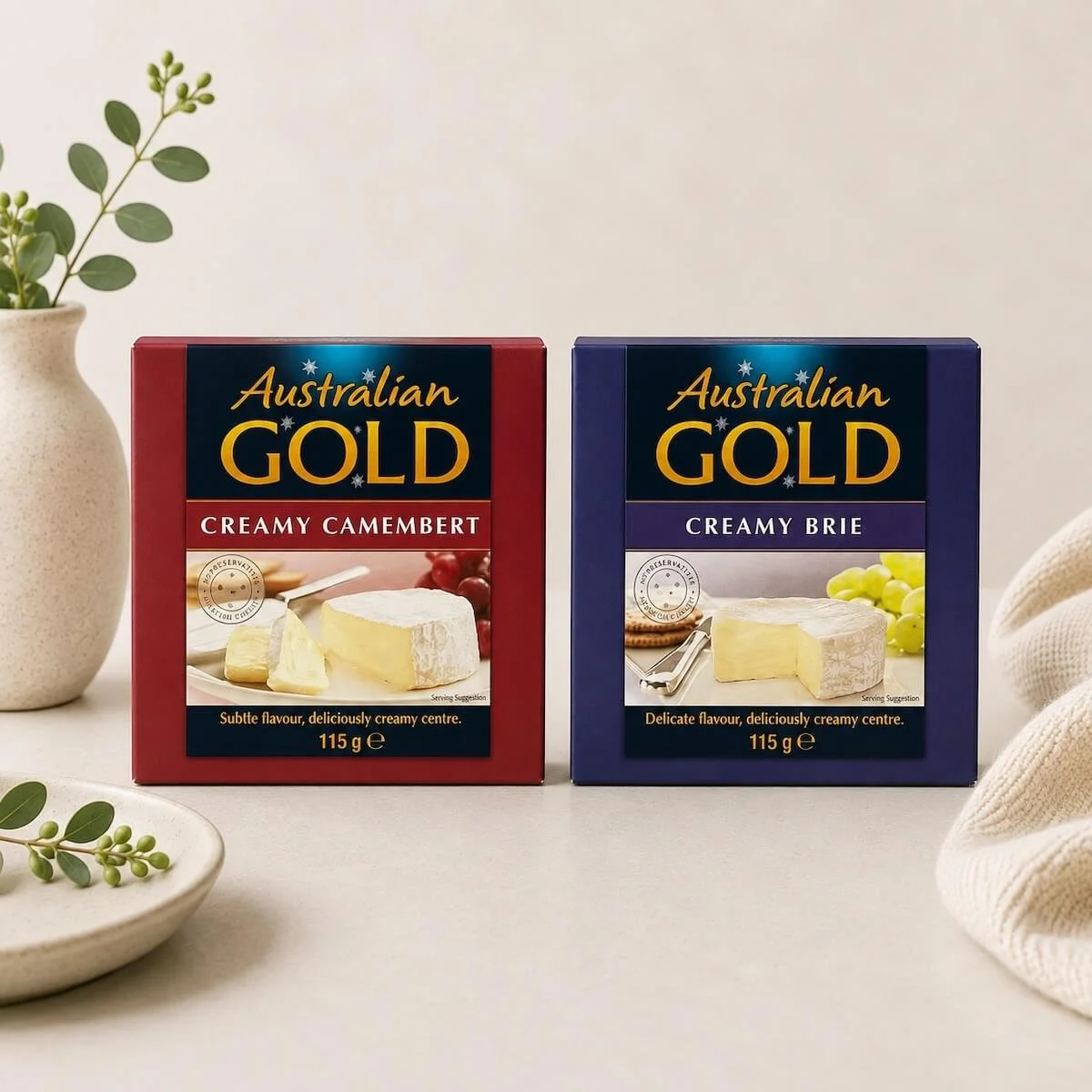 Australian Gold Brie and Camembert cheese - creamy gourmet cheeses ideal for adding to gift hamper and wine platters.