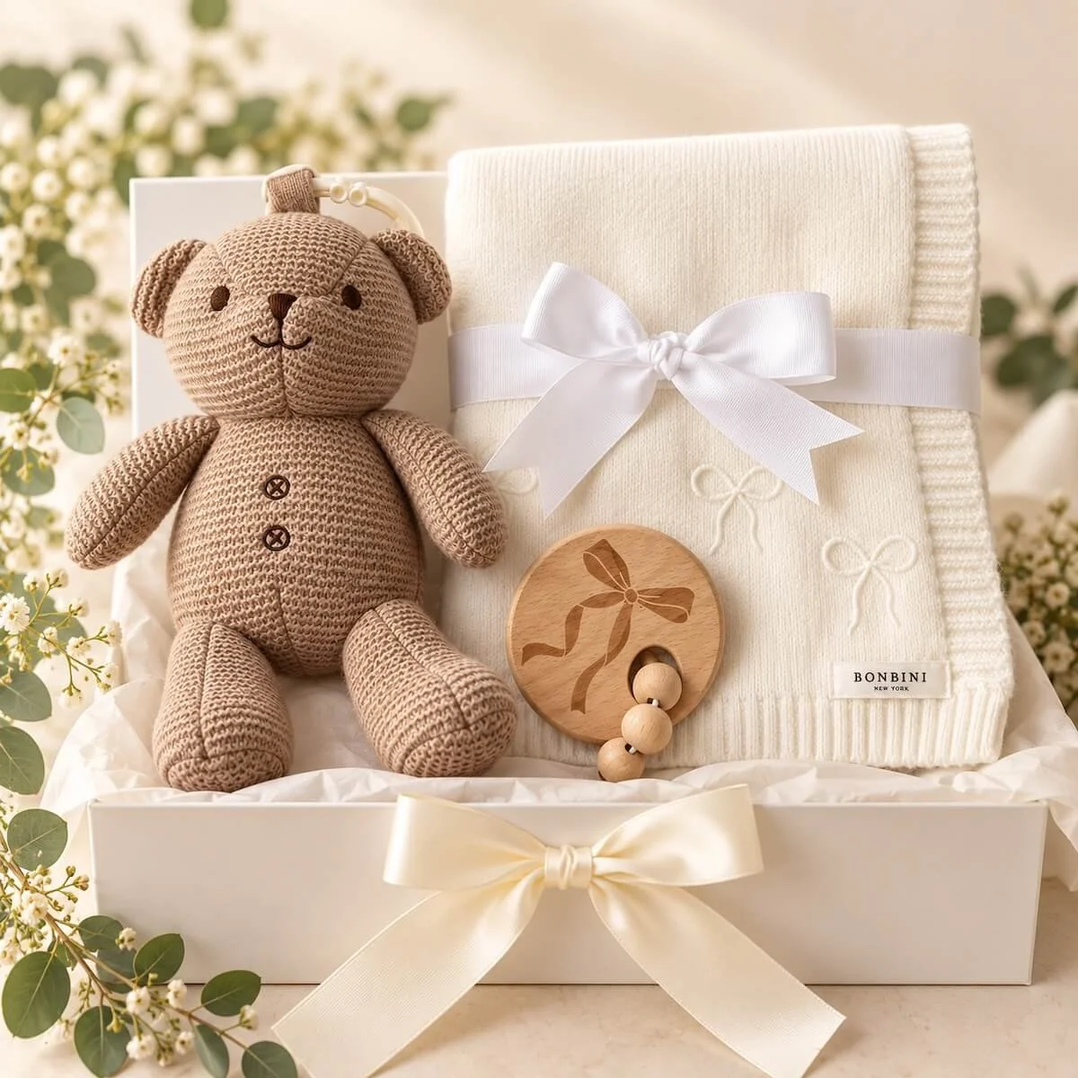 Luxury baby gift featuring a cream Bonbini knitted blanket, beige knitted teddy bear and wooden baby teether.